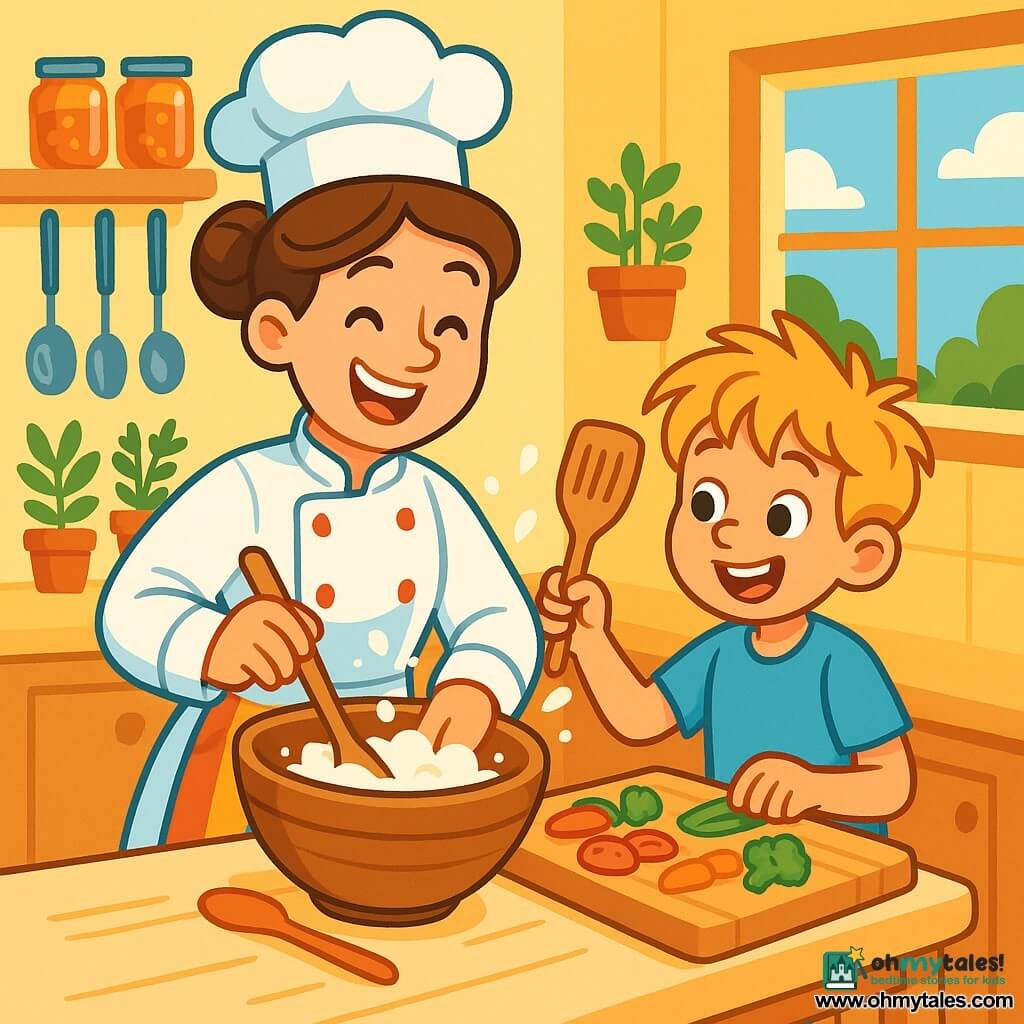 Chef Lily is a cheerful woman with brown hair in a bun and a bright smile. She wears a pristine white chef's jacket and a colorful apron, mixing ingredients in a large wooden bowl, with flour flying around her. Next to her, Tommy, a 10-year-old boy with messy blonde hair and sparkling eyes, watches in admiration. He holds a wooden spatula and helps prepare colorful vegetables on a cutting board, standing on a small stool to reach the countertop. The scene takes place in the warm kitchen of Lily's Kitchen, with pastel yellow walls decorated with pots of herbs. Shelves are filled with jars of jam and shiny kitchen utensils, while a large window lets in sunlight, illuminating the space. The main situation shows Chef Lily and Tommy creating a magical dish, with colorful ingredients and joy on their faces, ready to surprise their young customers with a delicious and imaginative recipe.