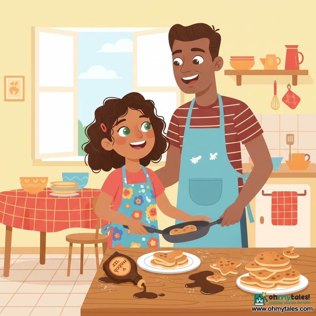 A joyful 10-year-old girl with dark chestnut curly hair and sparkling green eyes, wearing a colorful flour-stained apron, flipping a heart-shaped pancake in a pan beside her warm 40-year-old father—tall, bearded, in a striped t-shirt and apron, laughing and holding a spatula—in a small bright kitchen with pale yellow walls, an open window letting in morning light, red checkered cloths and a tipped syrup jar with sticky drops; a slightly chaotic Father's Day breakfast with playful pancakes, syrup splashes, and a tender, shared atmosphere.