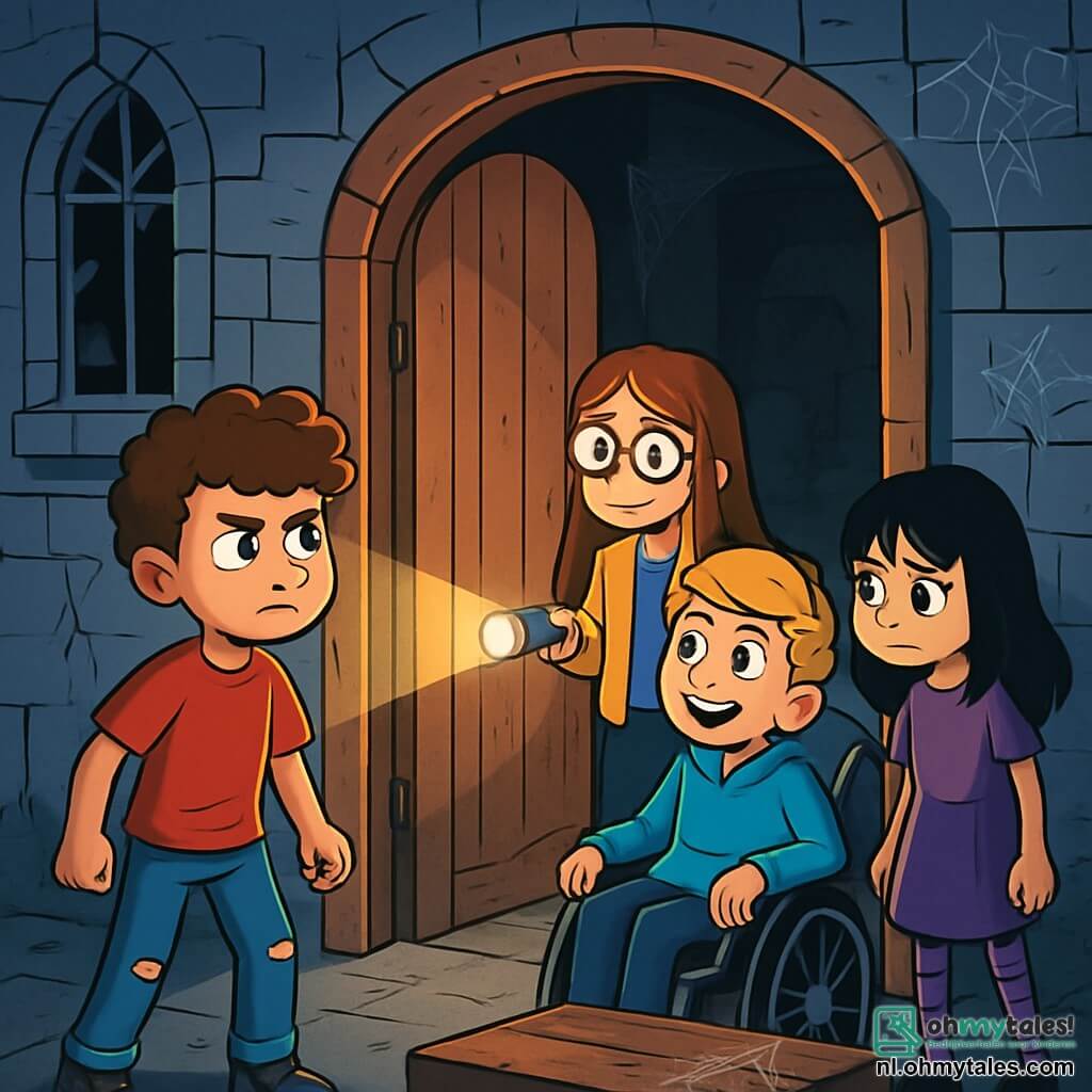 Er zijn 4 kinderen: - Lucas: 10-jarige jongen met krullend haar en een vastberaden uitdrukking. Hij draagt een rode t-shirt en een gescheurde spijkerbroek. Hij staat voor de deur van het oude landhuis, klaar om naar binnen te gaan. - Emma: 10-jarig meisje met lang bruin haar en een bril. Ze draagt een gele jas en een zwarte broek. Ze staat iets naar achteren en houdt een zaklamp vast die de weg verlicht. - Sam: 10-jarige jongen in een rolstoel, met een grote glimlach en blond haar. Hij draagt een blauwe hoodie. Hij staat naast Emma en kijkt nieuwsgierig naar binnen. - Noor: 10-jarig meisje met zwart haar en een mysterieuze blik. Ze draagt een paarse jurk en gestreepte kousen. Ze staat iets naar voren, met haar ogen gericht op een oude, stoffige kist binnenin het landhuis. De locatie is een oud landhuis, met grijze stenen muren, gebroken ramen en spinnenwebben in de hoeken. De houten deur staat op een kier en laat een zwakke, onheilspellende gloed ontsnappen. Binnen zijn er meubels bedekt met stof en dansende schaduwen op de muren, wat een mysterieuze en licht angstaanjagende sfeer creëert. De hoofdsetting van het verhaal toont de kinderen die het landhuis binnengaan, hun gezichten verlicht door het licht van Emma's zaklamp, terwijl ze een oude kist in het midden van de kamer ontdekken. Ze zijn zowel nieuwsgierig als een beetje bezorgd, klaar om de geheimen van het landhuis te onthullen.