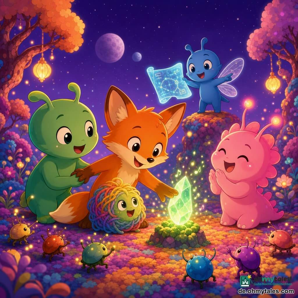 Flitzi, ein kleiner roter Fuchs mit weichem, glänzendem Fell und großen neugierigen, lächelnden Augen, legt die Pfote auf einen sanft pulsierenden grünen Kristall; Lilu, ein rundliches, grünes Alien mit knopfartigen Augen, hält links fröhlich Flitzis Hand und neigt sich zum Kristall; Mepo, ein blaues Alien mit kleinen, durchscheinenden Flügeln, steht auf einem bunten Stein im Hintergrund und zeigt begeistert eine leuchtende Karte; Zik, ein rosa, sanft leuchtendes Wesen mit leuchtenden Antennen, lacht rechts von Flitzi und klatscht; das kleine Farbknäuel, eine kugelige Kreatur aus farbigen Fäden, schmiegt sich an Flitzis Pfote und strahlt Glück aus; Schauplatz ist eine Lichtung auf einem Regenbogenplaneten mit mehrfarbigem Moosboden, Laternenbäumen mit leuchtenden Blüten und zwei kleinen Monden am violetten Sternenhimmel; der Kristall singt und erhellt die Gesichter, Lichtpartikel und bunte Käfer beginnen zu tanzen, zärtliche, fröhliche, märchenhafte Stimmung.