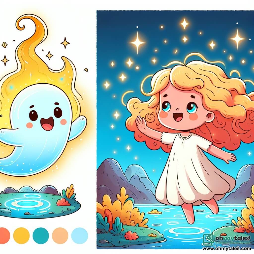 Glimmer, the friendly little ghost, joyfully floats above a sparkling oasis, his translucent body emitting a soft golden glow. His eyes sparkle with happiness, and a wide smile lights up his ethereal face. Next to him is Lila, an eight-year-old girl with curly golden hair dancing in the