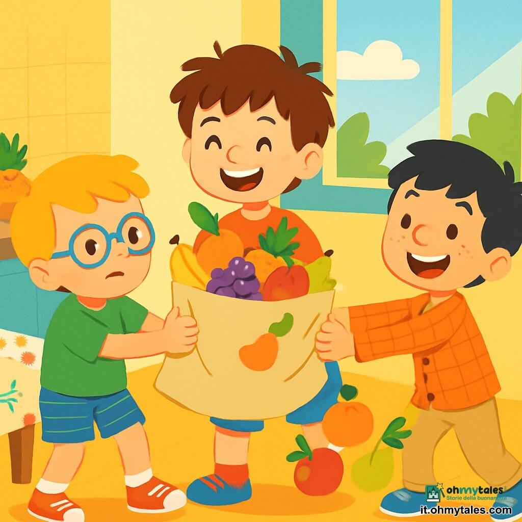 Ci sono 3 personaggi: - Tommaso: un ragazzo di 7 anni, con capelli castani disordinati e un sorriso splendente. Indossa una maglietta rossa con un piccolo dinosauro e pantaloni corti blu. Si trova al centro, tenendo una grande busta della spesa. - Leo: un ragazzo di 6 anni, con capelli biondi e occhiali rotondi. Indossa una maglietta verde e pantaloni corti a righe. È a sinistra di Tommaso, mentre tira la busta con un'espressione determinata. - Arturo: un ragazzo di 7 anni, con capelli neri e lentiggini sul naso. Indossa una camicia a quadri e pantaloni beige. È a destra di Tommaso, mentre tiene la busta con un grande sorriso e le braccia aperte. Il luogo è una cucina luminosa e accogliente, con pareti dipinte di giallo pastello e una grande finestra che lascia entrare la luce del sole. Un tavolo di legno è coperto da una bella tovaglia a motivi colorati, con piatti e tazze decorate a forma di cuori. Sul tavolo c'è un vassoio pieno di frutta fresca, fette di pane dorato e una teiera in porcellana. La situazione principale mostra i tre amici mentre preparano una sorpresa per la festa della mamma. Tirano insieme la grande busta della spesa, ridendo e sorridendo, con la frutta che sembra voler scappare. L'atmosfera è gioiosa e piena di energia, illustrando lo spirito di amicizia e complicità.
