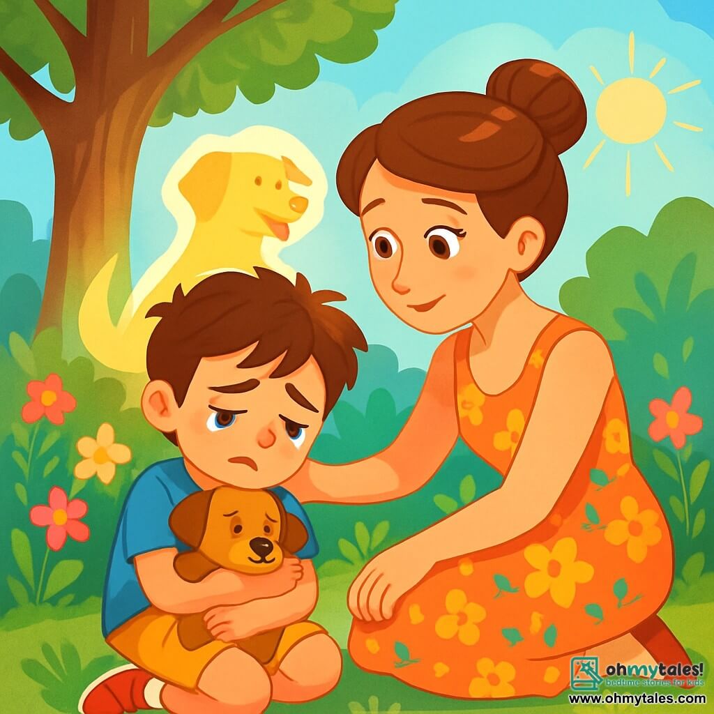 An 8-year-old boy, Max, with messy brown hair and sad eyes, sits on the green grass of the garden, holding a dog-shaped stuffed toy against his heart. He wears a blue t-shirt and yellow shorts, with tears glistening on his cheeks. Next to him, his mom, a woman in her thirties with brown hair tied in a bun, crouches to comfort him, gently stroking his shoulder. She wears a floral summer dress and has a tender, soothing expression. The garden is filled with colorful flowers, with a large oak tree in the background, and sunlight shines through the leaves, creating soft shadows on the ground. The main scene shows Max, sad and thoughtful, reminiscing about joyful moments with his dog Bella, represented in the background as a glowing silhouette, symbolizing her spirit.