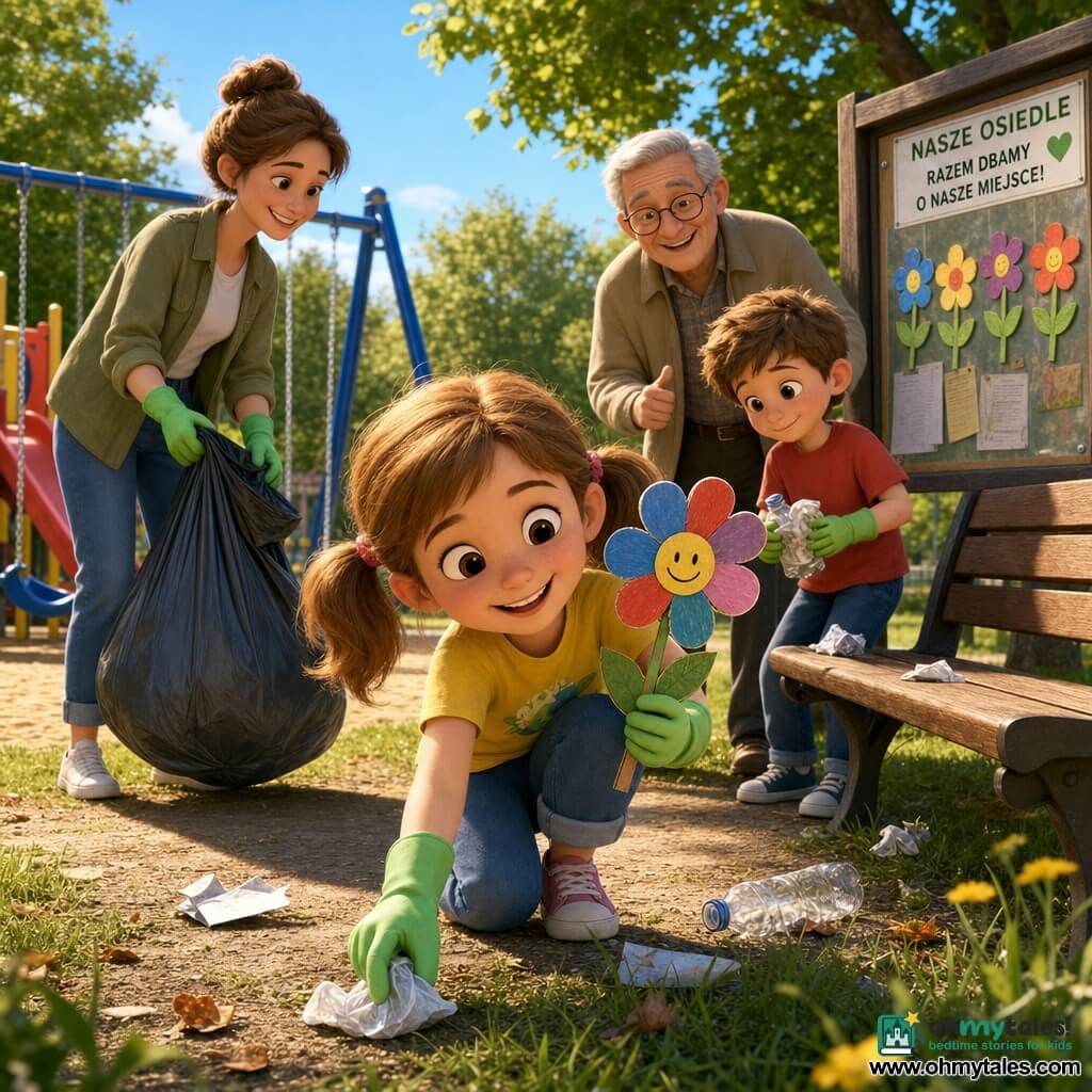 A joyful, focused 6-year-old girl with light brown hair in pigtails and bright eyes wears a yellow T-shirt and green gloves; she crouches to pick up a plastic bag while holding a handmade flower made of colored cardboard rolls. Beside her stands her smiling mother (around 30) with tied-back hair, wearing jeans and a light jacket, holding a large trash bag. A slightly shy but determined 6-year-old boy with short hair and a red T-shirt helps by holding a small handful of litter near a bench and looks at the girl. Behind him an approving grandfather (about 70) with gray hair, glasses and a beige jacket smiles encouragingly. The sunny playground features blue swings, a red slide, a wooden bench, a light sandbox, mown green grass and a community board with a glass pane to hang the cardboard flower. The group cleans near the bench, picking up paper and a bottle; warm atmosphere, vivid colors, soft textures, crisp lines, golden morning light, composition centered on the girl and her flower.