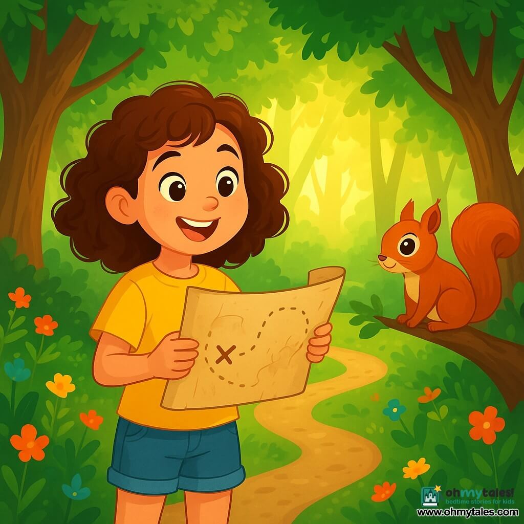 An 8-year-old girl, Mila, with curly brown hair and sparkling curious eyes, holds an old map in her hands. She wears a bright yellow t-shirt and denim shorts, her face glowing with excitement and wonder. Next to her, a small squirrel with bright eyes and reddish fur watches closely, perched on a low branch. The setting is an enchanted forest, with majestic trees and thick trunks, sunlight filtering through the green leaves, and a carpet of colorful flowers on the ground. Mila stands on a winding path, ready to choose between three mysterious paths, her heart racing at the thought of discovering hidden treasure.