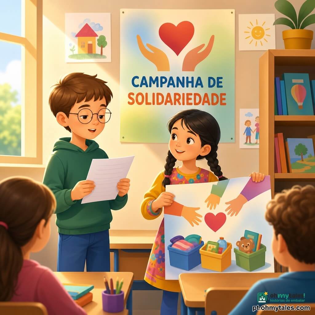 Dois personagens: Miguel, rapaz de 9 anos, cabelo castanho curto, óculos finos, expressão calma, à esquerda segurando uma folha com frases curtas; Sofia, menina de 9 anos, cabelo preto em duas tranças, vestido colorido, sorriso curioso, à direita mostrando desenhos grandes e um cartaz com mãos estendidas e caixas de donativos. Local: sala de aula luminosa e acolhedora, paredes creme com desenhos e um grande cartaz "Campanha de solidariedade", carteiras de madeira clara, luz solar entrando por uma janela e uma pequena biblioteca ao fundo. Situação: as crianças apresentam um trabalho sobre ajuda em tempo de guerra; Miguel fala calmamente enquanto Sofia exibe desenhos de mãos estendidas, caixas etiquetadas e mapas, atmosfera serena e comprometida, cores suaves com contraste para realçar cartazes e rostos.
