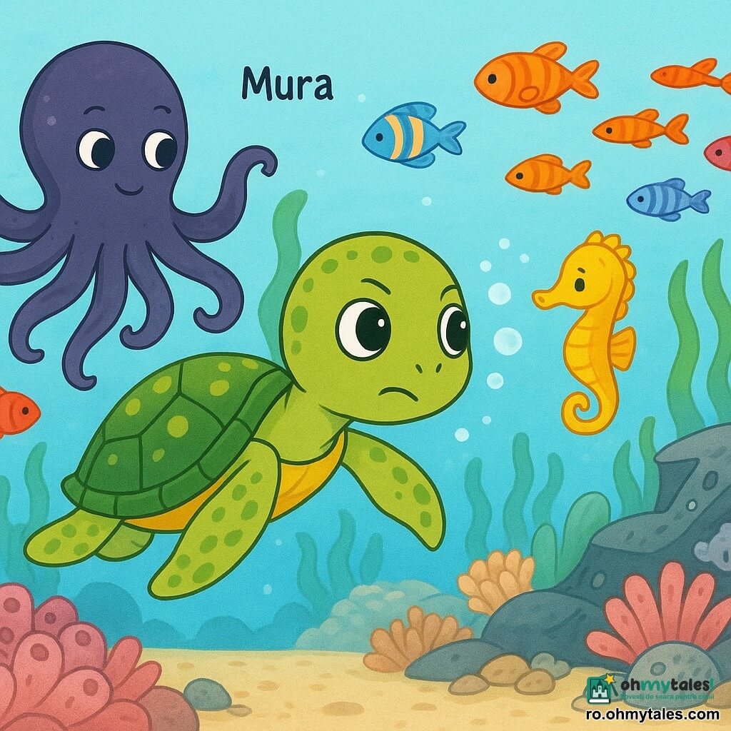 O mică țestoasă marină (personaj principal) privește hotărât și curios înainte, carapace verde cu pete galbene, ochi rotunzi și strălucitori, înoată încet și suflă bule fine; o caracatiță bătrână numită Mura (personaj secundar) apare în stânga, tentacule ondulate violet închis, expresie blândă, arată cu un tentacul spre trei direcții; un mic calmar de mare auriu (personaj secundar) plutește lângă o frunză de algă, zâmbet timid, și o privește din fundal; câțiva pești colorați și un banc de pești portocalii străbat scena; loc: fund marin clar și luminos, pădure de alge verzi ca panglicile, pietre cu anemone roz, epavă gri parțial acoperită de scoici în dreapta, câmpuri de coral rotunjite în tonuri pastel; situație principală: țestoasa își alege drumul pentru a căuta Perla cântătoare; scenă liniștită, luminoasă, plină de detalii marine și bule sclipitoare.