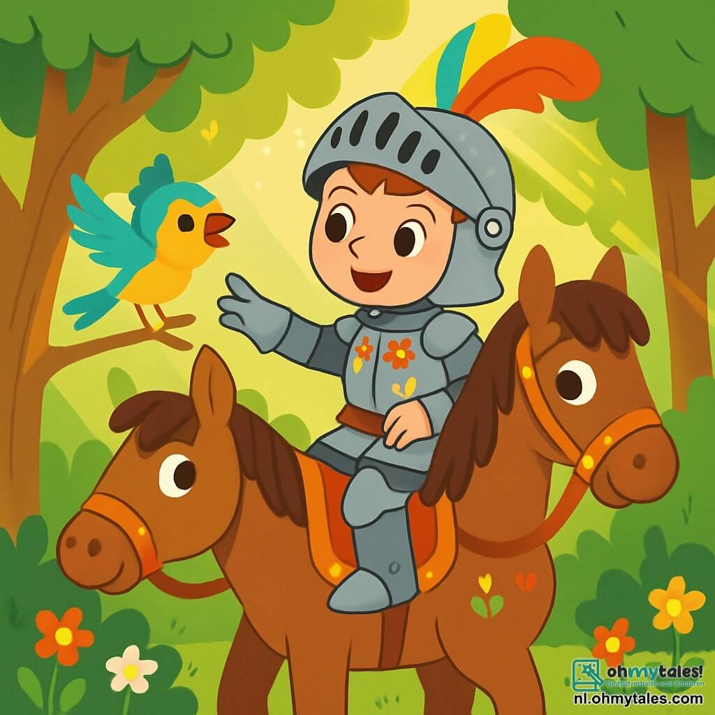 Een jonge ridder, Ridder Sam, zit op een groot bruin paard met een glanzend harnachement dat schittert in de zon. Hij heeft een blije glimlach en sprankelende ogen van opwinding. Zijn wapenrusting is versierd met bloem- en hartmotieven en hij draagt een helm met een gekleurde veer. Naast hem vliegt een klein vogeltje met heldere veren, een gele buik en blauwe vleugels, vrolijk om Sam heen, zijn dankbaarheid uitdrukkend. De omgeving is een betoverd bos met grote bomen en felgroene bladeren. Zonnestralen steken door het loof en verlichten de met kleurrijke bloemen bedekte grond. De hoofdscène toont Ridder Sam die het kleine vogeltje helpt zich van een tak te bevrijden, met een vastberaden en vriendelijke uitstraling. Het vogeltje lijkt gelukkig en dankbaar, terwijl het paard de scène nieuwsgierig gadeslaat.