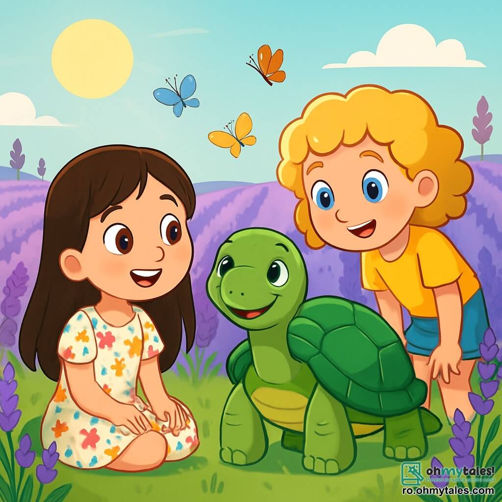 Există 3 personaje: - Ana: o fată de 8 ani, cu păr lung castaniu și ochi strălucitori. Poartă o rochie ușoară cu flori și stă în iarbă, cu un zâmbet uimit pe față. - Maria: o fată de 8 ani, cu păr blond creț și ochi albaștri strălucitori. Poartă un tricou galben și o pereche de șorturi din denim, aplecându-se cu curiozitate. - O broască țestoasă înțeleaptă: o broască țestoasă cu carapace verde smarald, cu ochi blânzi și înțelepți. Se află în centru, privindu-le pe fete cu bunătate. Locul este un câmp vast de lavandă, unde rânduri de flori violet se întind cât vezi cu ochii sub un cer albastru deschis. Soarele strălucește blând, creând umbre delicate pe sol. Aerul este plin de o dulce aromă de lavandă, iar fluturii colorați dansează în jurul florilor. Situația principală arată cum Ana și Maria stau în iarbă, uimită de broasca țestoasă care le vorbește despre magia liniștii. Florile de lavandă se leagănă ușor în vânt, iar razele soarelui iluminează zâmbetele fetelor, creând o atmosferă pașnică și visătoare.