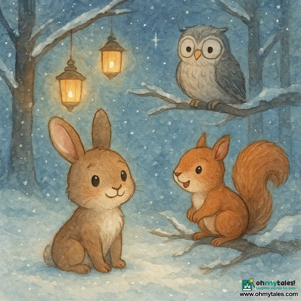 A small brown rabbit named Rowan, with wide eyes and a shy smile, stands in the center of a snowy clearing. He is telling a story, his little paws resting on the sparkling snow. Next to him, a cheerful squirrel named Daisy, with a bushy tail and twinkling eyes, listens attentively, perched on a low branch. In the background, a wise old owl named Oliver, with gray feathers and round glasses, watches from a high branch, nodding in approval. The clearing is illuminated by lanterns hanging from the tree branches, casting a warm light on the pristine snow. Stars shine in the night sky, adding a touch of magic to the scene.
