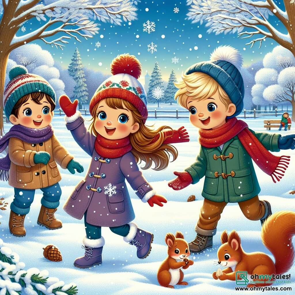 Three children are playing together in a magical winter landscape. Oliver, a 7-year-old boy with blonde hair and blue eyes, is wearing a red scarf and blue gloves, reaching out to catch a snowflake. Next to him, Emma, a 6-year-old girl with brown hair and rosy cheeks, is dressed in a purple coat and a pom-pom hat, spinning around with her arms open, amazed by the falling snow. Lucas, an 8-year-old boy with brown hair and glasses, is wearing a green jacket and watching a squirrel bury a nut under the snow. The setting is a large snowy park, with majestic trees covered in sparkling snow and a clear blue sky dotted with white clouds. The ground is blanketed in thick snow, showing the children's footprints. The main scene depicts the children enjoying and discovering the wonders of winter, surrounded by falling snowflakes and a joyful, magical atmosphere.