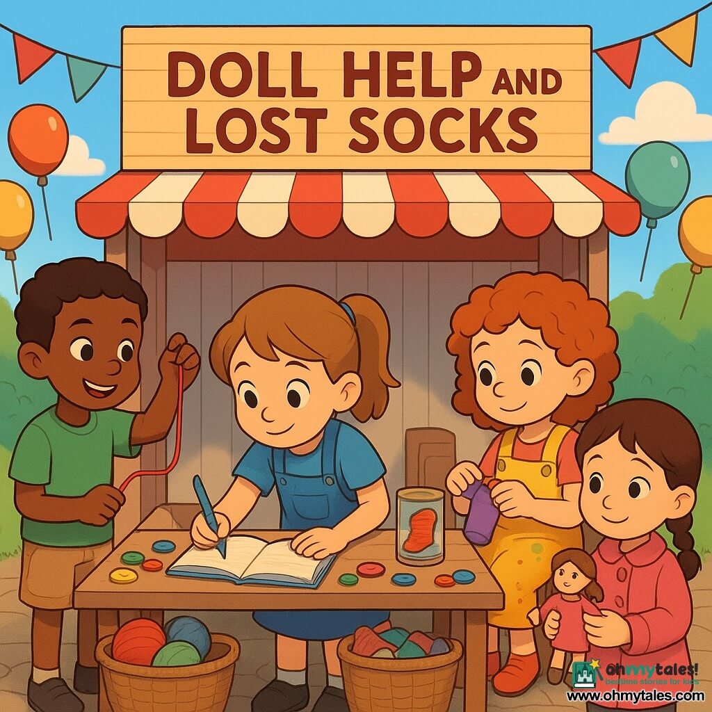 Four children at a village afternoon fair run a small charity stall: Mia, 6, light brown hair in pigtails, blue dress with pockets, holding a blue notebook and pencil, leaning over a small table with a curious, calm smile; Jamal, 6, brown-skinned, green T‑shirt and beige shorts, standing left of Mia, showing a red thread wound on his finger as a clue; Bea, 6, red curly hair, yellow paint‑spattered overalls, seated on a stool to Mia’s right, holding a doll and sewing needles while stitching a button on a tiny sock; Poppy, 5, with small braids and a pink coat, slightly forward right, holding a paper boat and her repaired doll, looking gratefully at the others. The white-and-red wooden booth with a "Doll Help and Lost Socks" banner displays tables of colorful buttons, wool, baskets of socks and a sealed case with a shiny red sock and ribbon; balloons, bunting and lanterns decorate cobblestones with grass around. Warm, proud, kind atmosphere in late-afternoon soft light with long shadows; vibrant, saturated colors in a 3D cel-shaded cartoon style with clean outlines and simple textures.