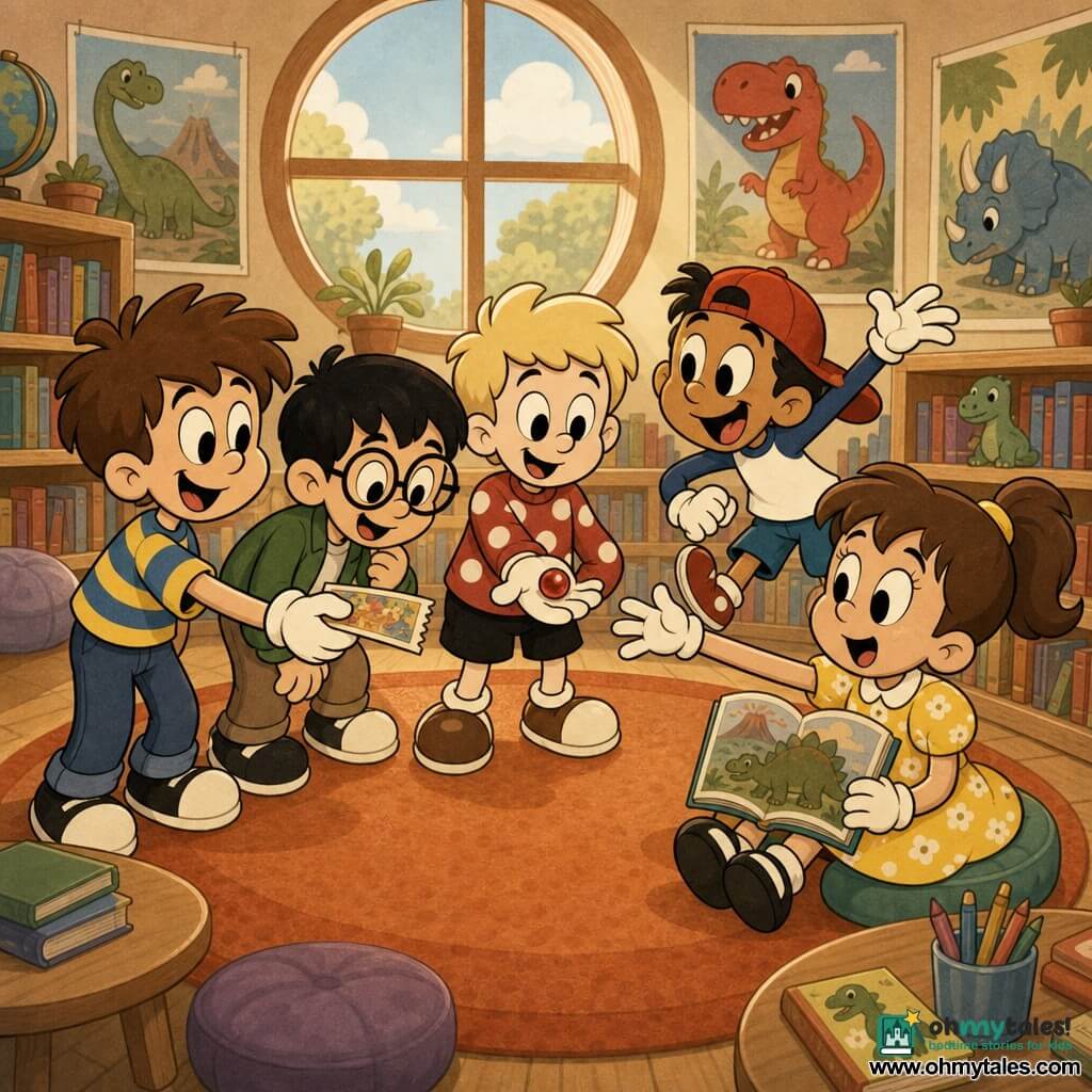 Five children: Tom, 5, tousled brown hair, blue-and-yellow striped T-shirt, standing left, holding a colorful ticket and smiling at the girl; Max, 5, short black hair, round glasses, green jacket, leaning over the ticket beside Tom; Leo, 5, light blond, red polka-dot sweater, holding a shiny red marble, center front; Sam, 5, tan skin, red cap worn backward, bouncing excitedly at right; Lily, 5, brown ponytail, yellow floral dress, sitting on a cushion near a shelf with an open dinosaur book, reaching for the ticket with a delighted face. Setting: cozy children's library with light wood shelves, bright orange circular rug, colorful dinosaur posters, warm soft light from a large round window, small tables and cushions. Scene: the four little detectives show Lily the found ticket and offer her the red marble in a warm, joyful meeting, focused on outstretched hands and smiling faces, vibrant pastel palette, thick-lined retro rubber-hose cartoon style.