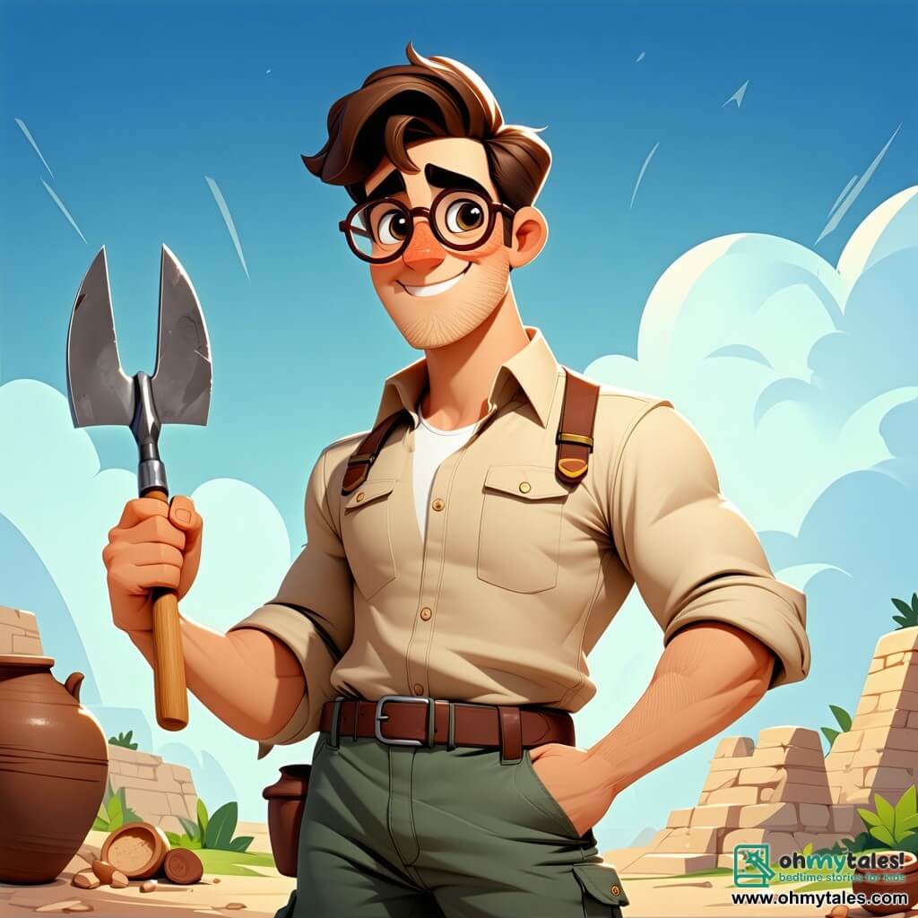 A man, Dr. Marcus Carter, is at the center of the image with slightly tousled brown hair and round glasses giving him a curious and passionate look. He wears a beige shirt and cargo pants, a delighted smile on his face as he holds a trowel in one hand and a pottery fragment in the other. Beside him is a young girl, Hannah, about 12 years old, with braided blonde hair and glasses, fascinated by a piece of mosaic she has found. She is crouched down, her eyes sparkling with excitement. An 11-year-old boy, Peter, with brown hair and a blue t-shirt, stands a bit back, holding a flashlight that illuminates the ground, his expression focused. 

The setting is a sunny archaeological site with visible Roman ruins in the background, stone columns, and colorful mosaics scattered on the ground. Archaeological tools are strewn around them, and the freshly dug earth reveals buried treasures. 

The main scene shows Dr. Marcus and his team discovering an ancient pottery fragment, surrounded by fascinating finds, each absorbed in the excitement of unearthing the secrets of the past.