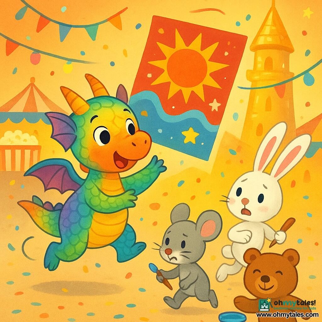 Sparkle, a friendly rainbow-scaled dragon-fairy, looks amazed and slightly surprised as he jumps and reaches toward a large red-blue-yellow poster spiraling upward; behind him left, Pippin, a gray mouse with paint on his whiskers, grips a brush, nervous and focused; to the right, Lila, a white rabbit with long pink ears, runs determinedly with a box of brushes; in the foreground Benny, a round smiling brown bear, taps the beat beside a paint bucket; the poster heads toward a shining Golden Tower where it settles on a ledge, all set in a lively carnival at the tower’s base with colorful lights, bunting, popcorn stalls and confetti—bright saturated colors, clean contrasts, soft lines and readable child-friendly expressions, dynamic diagonal composition showing motion toward the tower.