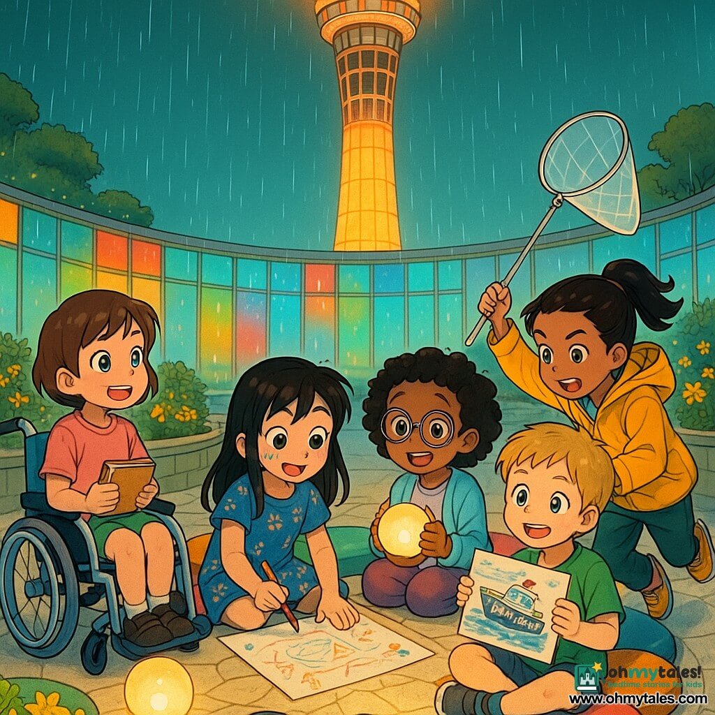 There are five children: Mila, a 7-year-old girl with short brown hair in a light blue modern wheelchair with a green cushion, holding a small notebook; Noor, a 7-year-old girl with tan skin and a ponytail in a yellow windbreaker, crouched to the right catching a paper with a silver folding net; Sima, a 7-year-old girl with long black hair and a paint smudge on her cheek in a marine-patterned dress, sitting cross-legged drawing with a red pencil; Aya, about 6–7, curly hair and round glasses in a pale blue vest, holding a round solar lamp emitting warm light; and a 6-year-old blond boy in a green t-shirt inside the circle clutching a drawing of a guard-reef boat and looking proudly at the group. They sit in a makeshift reading-and-drawing circle under the Sky Tower on a pale stone round plaza with colored glass panels, spiral planters, multicolored recycled cushions, light wood benches and rounded solar lamps; the light is soft and warm after a light rain, and the tower casts an amber halo.