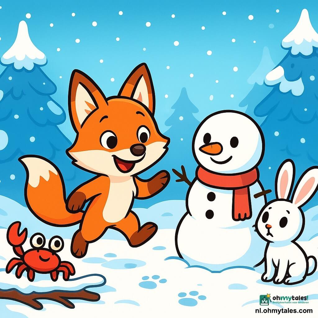 Een klein vosje genaamd Vinnetje, met een feloranje vacht en nieuwsgierige sprankelende ogen, staat vrolijk in een sneeuwlandschap. Hij heeft een grote glimlach op zijn gezicht, zijn puntige oren zijn rechtop, en hij springt in de sneeuw, terwijl hij sporen achterlaat. Naast hem kijkt een klein kreeftje met ronde, glanzende ogen en een felrode schaal bewonderend toe. Het zit op een met sneeuw bedekte tak, zijn pootjes trillen van opwinding. Een klein konijn met grote witte oren, met een bezorgde uitstraling, staat iets verder weg met grote ogen en observeert de scène. De plek is een betoverd bos, waar de bomen bedekt zijn met een dikke laag glinsterende sneeuw en de grond bedekt is met witte vlokken. Zachte sneeuwvlokken vallen uit de helderblauwe lucht, wat een magische en rustige sfeer creëert. De hoofdscène toont Vinnetje die een sneeuwpop bouwt met zijn vrienden, lachend en zich vermakend, terwijl het konijn aarzelt om dichterbij te komen, maar geïnteresseerd lijkt in de vreugde om hen heen.