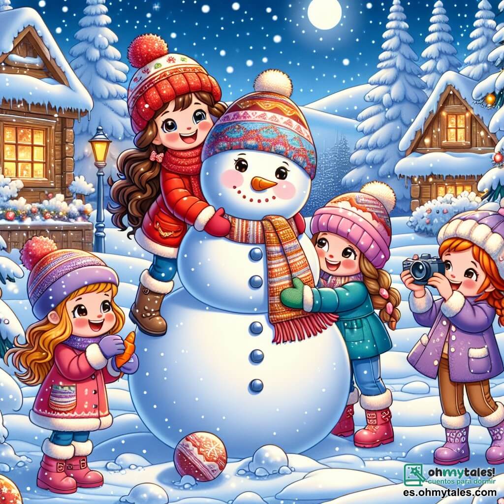 En un paisaje invernal de ensueño, cuatro niñas de ocho años están juntas, rodeadas de nieve brillante. Clara, con cabello castaño y rizado, lleva un abrigo rojo brillante y un gorro a juego, ríe mientras sostiene un gran muñeco de nieve. A su derecha, Ana, con trenzas rubias, viste un abrigo azul y una bufanda a rayas, y le añade una zanahoria como nariz al muñeco. A la izquierda, Sofía, con cabello castaño liso, lleva un abrigo rosa y guantes verdes, y está tomando una foto con su cámara. Finalmente, Valentina, con cabello negro y rizado, viste un abrigo violeta y un gorro con pompón, lista para lanzar una bola de nieve riendo. El escenario es un encantador pueblo pequeño, con casas de madera cubiertas de nieve, majestuosos abetos adornados con guirnaldas brillantes, y un cielo azul claro salpicado de nubes blancas esponjosas. Las niñas están construyendo un gran muñeco de nieve llamado Don Nieve, divirtiéndose y compartiendo risas, creando recuerdos inolvidables en este paisaje invernal mágico.