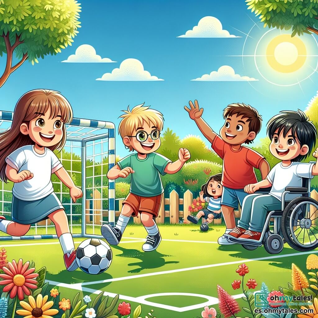 En un jardín soleado, cuatro niños juegan al balonmano. Ana, una niña de 10 años con largos cabellos castaños y una sonrisa brillante, está a la izquierda, lista para pasar la pelota. A su derecha, Luis, un niño de 9 años con cabello rubio y gafas, corre con entusiasmo. Miguel, un niño de 10 años con cabello negro y camiseta roja, está un poco más lejos, concentrado en el balón. Finalmente, Pablo, un niño de 11 años en silla de ruedas, está al fondo, con los brazos levantados para animar a sus amigos con una gran sonrisa. El lugar es un amplio campo de juego, rodeado de árboles verdes y flores coloridas, con un cielo azul claro salpicado de algunas nubes blancas. El suelo está cubierto de hierba verde, y hay una línea marcada en el suelo para el juego. La situación principal muestra a los niños en plena acción, con Ana pasando la pelota a Luis, mientras Miguel se prepara para lanzar. Pablo los anima con entusiasmo, creando una atmósfera de camaradería y alegría.