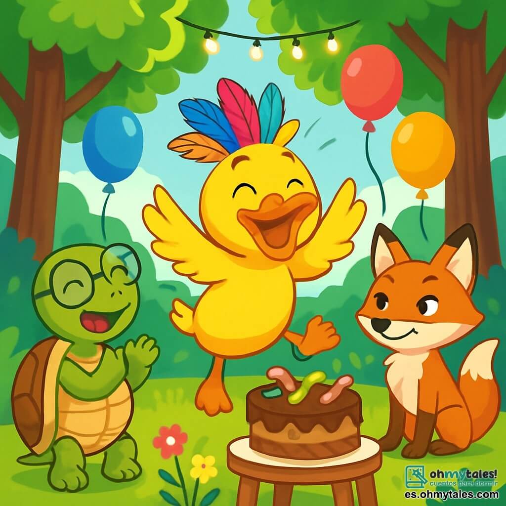 Un pato alegre llamado Patito, con plumaje amarillo brillante y un sombrero de plumas coloridas, salta de alegría en un claro del bosque. Sus ojos brillan de emoción y una gran sonrisa ilumina su rostro. A su lado, una tortuga llamada Tomasa, con un caparazón verde y gafas redondas, aplaude riendo, mientras que un pequeño zorro astuto, Zacarías, de pelaje rojizo y orejas puntiagudas, vigila la seguridad de la fiesta con una expresión traviesa. El decorado es un hermoso claro de bosque, rodeado de árboles de hojas verdes brillantes, con guirnaldas de luces centelleantes suspendidas entre las ramas. Globos de colores flotan en el aire y un gran pastel de lombrices dulces se encuentra en una mesa decorada con flores silvestres. La escena captura la efervescencia de la preparación de la "Fiesta de la Pluma Loca", donde Patito, rodeado de sus amigos animales, se prepara para iniciar las festividades con una gran risa y alegría.