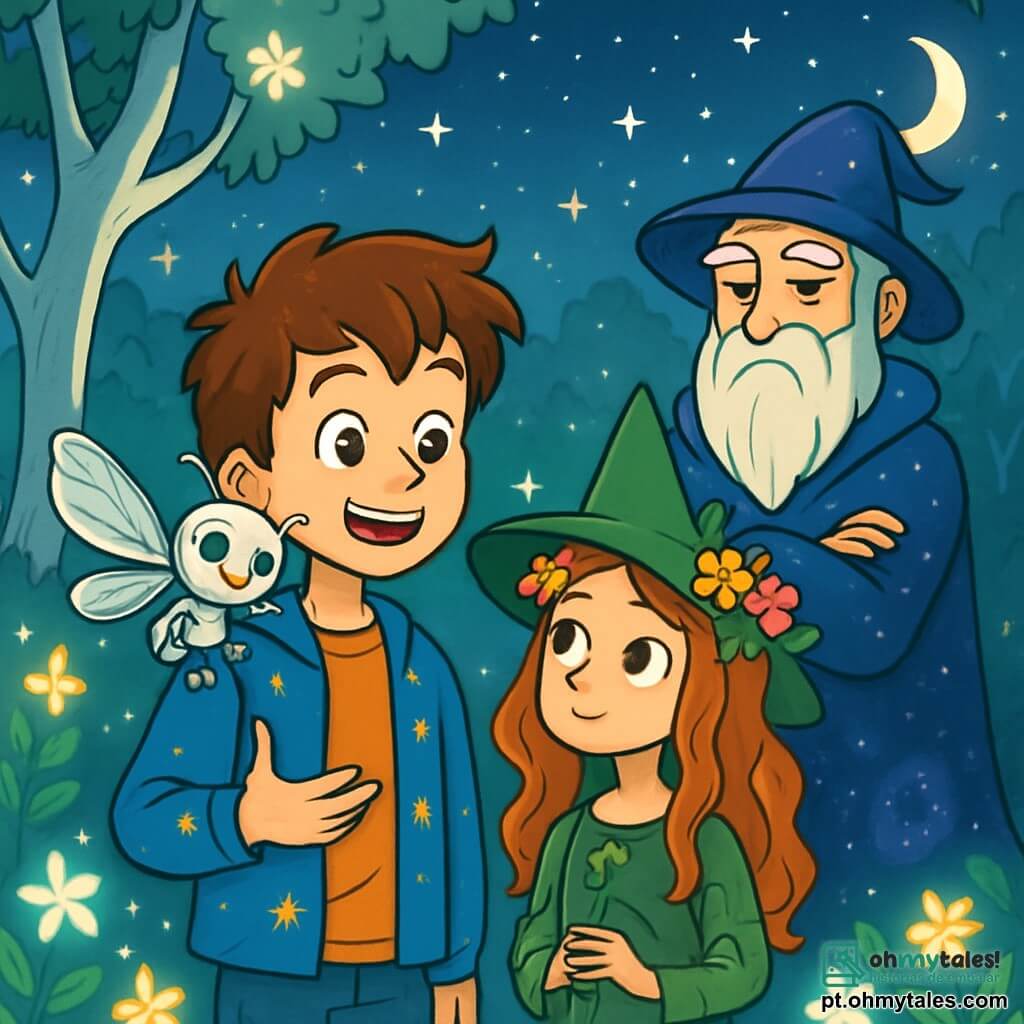 Um garoto de 10 anos, Lucas, com cabelos castanho-claros bagunçados e olhos brilhantes de curiosidade, está no centro da cena, com um sorriso maravilhado no rosto. Ele usa uma jaqueta azul com padrões de estrelas e segura um pequeno robô-borboleta chamado Trix em seu ombro, que bate asas metálicas cintilantes. Ao lado dele, uma menina de 9 anos, a bruxa de cabelos de flores, com um vestido verde adornado com cipós e um olhar sonhador, observa a cena com fascínio. Ao fundo, um velho homem com um longo manto de nébulas, o mago do Conselho, está com uma expressão sábia, de braços cruzados, pronto para ouvir. O local é uma clareira mágica, cercada por árvores com troncos prateados e flores luminescentes que brilham como estrelas, criando uma atmosfera encantadora. Acima, um céu noturno estrelado ilumina a cena, adicionando um toque de mistério. A situação principal mostra Lucas, Trix e a bruxa unidos, discutindo entusiasticamente para criar uma nova invenção que combina magia e tecnologia, simbolizando a harmonia entre seus dois mundos.