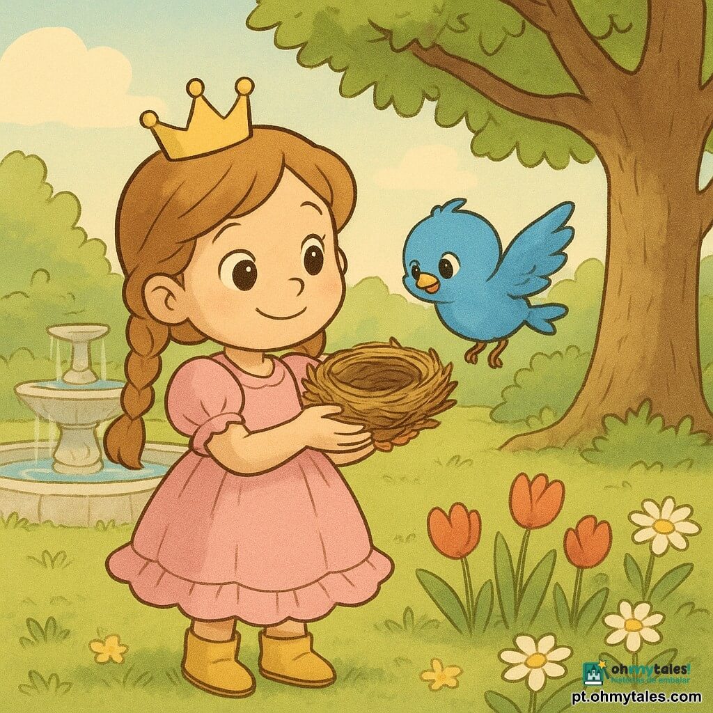 Uma pequena princesa sorridente e amável, olhos avelã brilhantes, cabelos castanho‑claro em tranças, vestido rosa com folhos e botinhas douradas, segura delicadamente um ninho de gravetos junto ao peito; um passaro azul vivo de penas fofas e olhos curiosos voa logo acima do ninho, aproximando‑se da princesa; ao fundo, fonte redonda de pedra com musgo e água límpida a brilhar ao sol, jardim do castelo com túlipas vermelhas e margaridas brancas, arbustos aparados e um grande carvalho cujos galhos sustentam o ninho; a cena mostra o gesto terno da princesa colocando o ninho numa forquilha de galho, luz suave da manhã, atmosfera calorosa e segura, cores em tons pastéis, traços arredondados e expressões simples