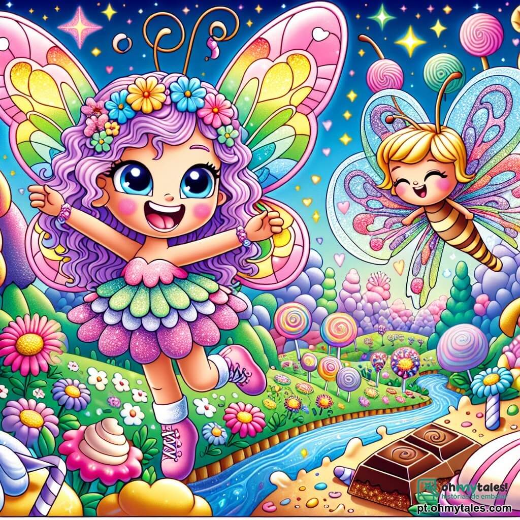 Uma pequena fada chamada Lila, com asas brilhantes de cores pastel, voa alegremente sobre um campo de flores multicoloridas, seu rosto radiante de felicidade. Ela tem longos cabelos cacheados roxos e veste um vestido de pétalas de flores, rindo e fazendo cores explodirem ao seu redor. Ao lado dela, sua melhor amiga, Cacau, uma borboleta com asas translúcidas decoradas com padrões de arco-íris, voa entusiasticamente, batendo as asas e sorrindo amplamente. Ao fundo, o Bosque dos Sonhos Doces está cheio de árvores em forma de doces, com troncos de açúcar e folhas de marshmallow, enquanto rios de chocolate serpenteiam entre colinas de chantilly. A cena principal mostra Lila e Cacau rindo juntas, enquanto descobrem que as cores da floresta ficaram sem vida, e elas se preparam para uma aventura em busca das cores perdidas, cercadas por uma atmosfera mágica e alegre.