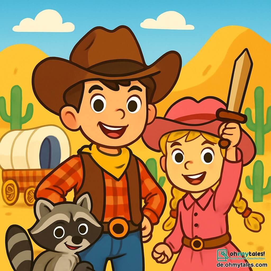 Ein junger Cowboy namens Tom, etwa 10 Jahre alt, steht stolz im Mittelpunkt des Bildes. Er trägt einen großen braunen Cowboyhut, ein rotes kariertes Hemd und eine Lederweste. Sein Gesicht strahlt mit einem breiten Lächeln, seine leuchtenden Augen zeigen seinen Mut und seine Entschlossenheit. An seiner Seite steht seine beste Freundin Lilly, ein 9-jähriges Mädchen mit geflochtenen blonden Haaren und einem rosa Cowgirl-Outfit, die ein kleines Holzschwert schwingt, bereit, ihr Camp zu verteidigen. Ein kleiner, frecher Waschbär namens Max, ein Tier mit schelmischen Augen und grauem Fell, versteckt sich hinter Tom und beobachtet neugierig die Umgebung. Die Szene spielt in einem Cowboy-Camp, umgeben von großen goldenen Hügeln unter einem strahlend blauen Himmel. Bunte Wagen stehen im Hintergrund, und grüne Kakteen stehen herum und verleihen der Landschaft einen wilden Touch. In dieser Hauptsituation bereiten sich Tom und Lilly darauf vor, sich gegen Halunken zu verteidigen, die sich heimlich ihrem Camp nähern, während Max, etwas nervös, sich an Tom kuschelt. Die Atmosphäre ist angespannt, aber voller Energie, bereit für das Abenteuer.