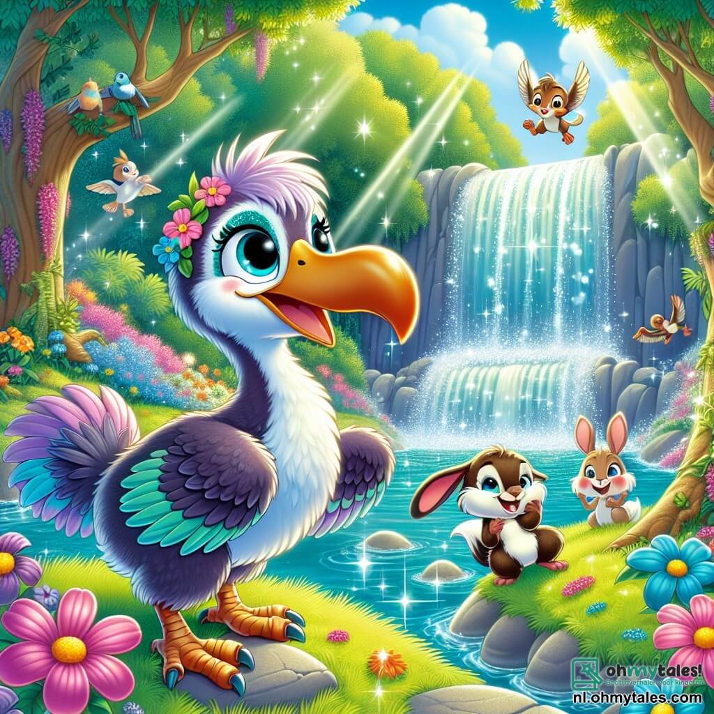 Dottie, de dodo met lila en turkooise veren, staat aan de rand van een prachtige waterval, met glinsterende ogen van opwinding en een brede glimlach op haar gezicht. Ze kijkt verwonderd naar het fonkelende water dat van de rotsen valt, met haar vleugels iets geopend alsof ze klaar is om op te stijgen. Naast haar klimt Benny, het kleine eekhoorntje met een bruine vacht en glinsterende ogen, op een steen, met zijn pootjes in de lucht en een uitdrukking van vreugde en enthousiasme. Lila, het blije konijn met grote witte oren en een zachte vacht, zit op het gras, lacht hard, haar ogen stralend van geluk, terwijl ze een kleurrijke bloem vasthoudt die ze net heeft geplukt. De omgeving is betoverend: kleurrijke bloemen omringen de waterval, zonnestralen filteren door de bladeren van de bomen, wat lichtflitsen in de lucht creëert. Op de achtergrond zingen vogels vrolijk, wat bijdraagt aan de magische sfeer van het moment. Dottie en haar vrienden vieren hun ontdekking van de verborgen waterval, vol energie en klaar om samen nieuwe avonturen te beleven, ondergedompeld in een wereld van wonderen en magie.