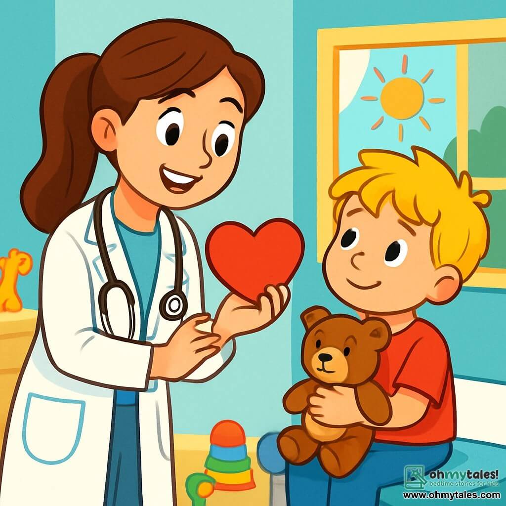 Dr. Mia is a smiling woman with long brown hair tied in a ponytail, wearing a white coat and a stethoscope around her neck. She has sparkling eyes and stands in her medical office, holding a heart-shaped toy to comfort a child. Next to her, a 5-year-old boy with tousled blonde hair and a red t-shirt looks at Dr. Mia with curiosity, clutching a teddy bear in his arms. He is sitting on an examination table, a bit nervous but smiling. The medical office is bright and welcoming, with pastel blue walls, colorful posters of fruits and vegetables, and toys scattered on the floor. A window lets in sunlight, illuminating the room. In this scene, Dr. Mia enthusiastically explains to the little boy how to take care of his teddy bear, showing him medical instruments while reassuring him with kind words and smiles.
