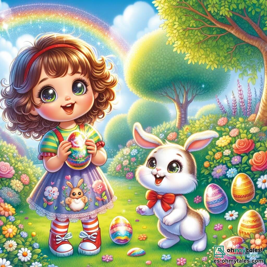 Una niña de 2 años, con grandes ojos brillantes y cabello rizado, lleva un vestido colorido con estampados de conejitos. Sonríe con asombro mientras sostiene un huevo de Pascua brillante en sus pequeñas manos. A su lado, un conejito blanco, con grandes orejas y un moño rojo, salta alegremente, mirando el huevo con curiosidad. La escena se desarrolla en un jardín soleado, lleno de flores coloridas y árboles verdes, con un arcoíris brillante en el cielo azul. En el suelo, hay huevos de Pascua multicolores esparcidos entre la hierba verde. La niña descubre un huevo mágico en el jardín y está lista para aventurarse en busca de flores mágicas, mientras el conejito la anima con entusiasmo.