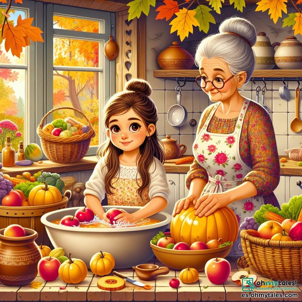 Una niña de 10 años, Lucía, con largos cabellos castaños y ojos llenos de curiosidad, está en una cocina acogedora, rodeada de macetas de barro y verduras coloridas. Sonríe con entusiasmo, sus mejillas ligeramente sonrojadas por la emoción, mientras lava manzanas rojas brillantes en un gran fregadero de cerámica. Junto a ella, su abuela, una mujer mayor con cabello gris recogido y gafas redondas, le muestra cómo cortar una calabaza naranja. Lleva un delantal floral y tiene una mirada tierna y cariñosa. Ambas están de pie frente a una mesa de madera rústica, cubierta de frutas y verduras de otoño. La cocina está bañada de luz dorada, con ventanas abiertas que dejan entrar una brisa fresca. Hojas de otoño de colores vivos vuelan afuera, mientras una cesta de mimbre rebosa de cosechas frescas en el suelo de baldosas. Lucía y su abuela preparan juntas una receta tradicional de otoño, riendo y compartiendo historias, creando una atmósfera alegre y cálida.