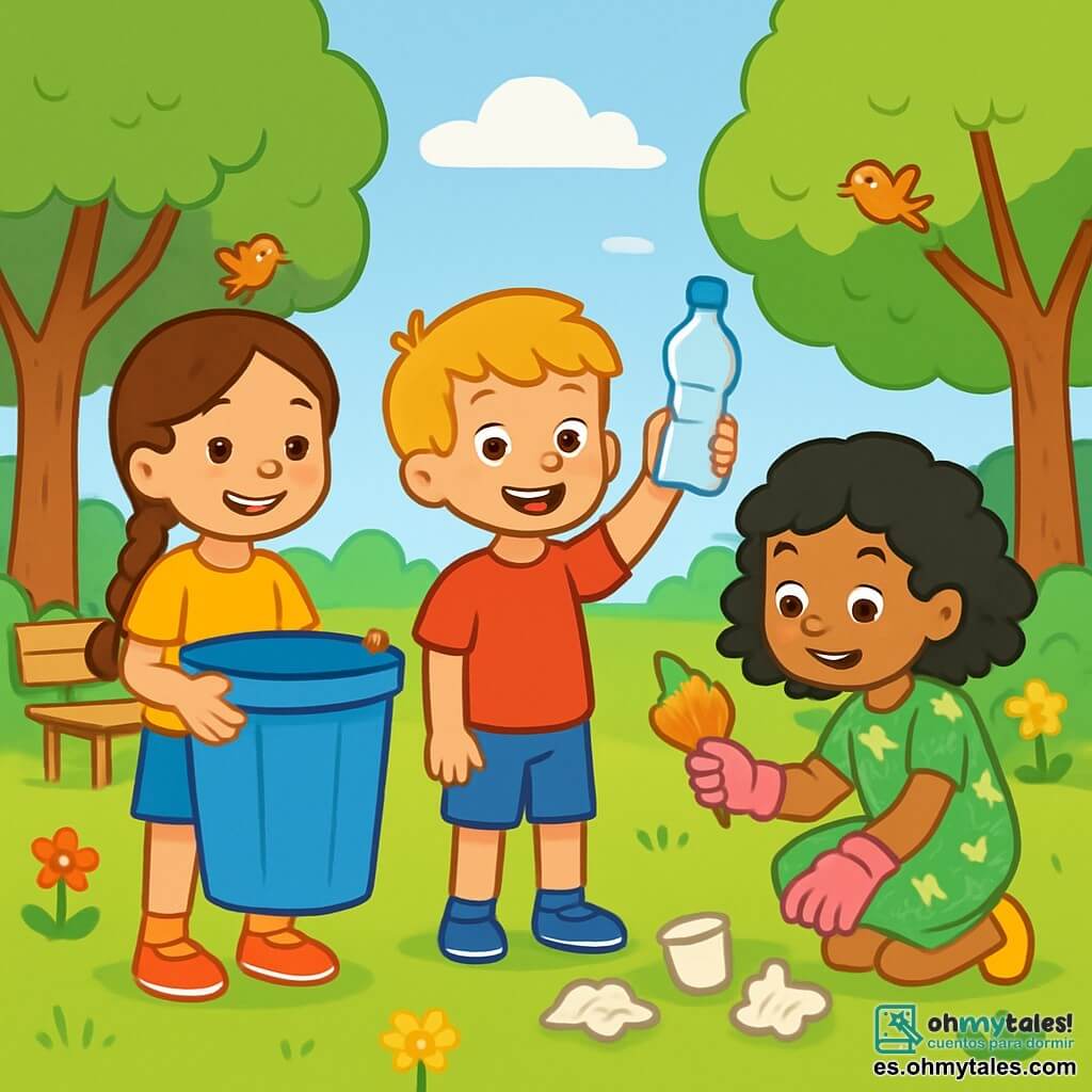 Hay 3 personajes: - Ana: una niña de 8 años, con largas trenzas de cabello castaño, vistiendo una camiseta amarilla brillante y pantalones cortos de mezclilla. Sostiene un gran cubo de basura azul y sonríe, de pie a la izquierda. - Lucía: una niña de 8 años, con cabello rizado y negro, vestida con un vestido verde con flores. Está agachada a la derecha, recogiendo basura con guantes de jardinería rosas. - Tomás: un niño de 7 años, con cabello rubio despeinado, lleva una camiseta roja y pantalones cortos. Se encuentra en el centro, sosteniendo una botella de plástico que muestra con orgullo. El lugar es un parque verde, lleno de árboles majestuosos, flores coloridas y un césped bien cuidado. Al fondo, se ve un cielo azul claro con algunas nubes blancas esponjosas. Los niños están en plena acción, recogiendo y clasificando basura reciclable. Ana sonríe sosteniendo un gran cubo de basura, mientras Lucía, agachada, descubre una hoja colorida que quiere usar para crear arte. Tomás, en el centro, muestra una botella de plástico, ilustrando su misión de limpieza y protección de la naturaleza.