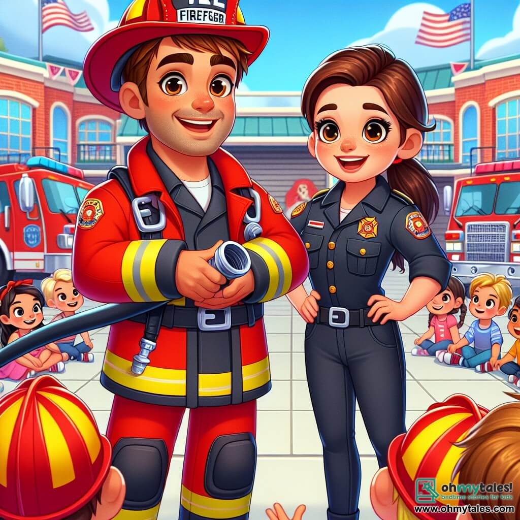 The main character is a man, Firefighter Max, with a big warm smile and sparkling eyes. He is wearing a bright red firefighter suit, a shiny helmet, and black boots. Max is showing the children how to use a fire hose, with a proud and enthusiastic expression on his face. Next to him is Lucy, a female firefighter in her thirties with brown hair tied in a ponytail. She is also wearing a firefighter suit and helps Max demonstrate the hose, smiling at the children. The scene takes place in the courtyard of a fire station, surrounded by large shiny red trucks, with colorful flags fluttering in the wind and children wearing firefighter helmets, all gathered around Max and Lucy, captivated by the demonstration. The main situation shows Max leading a group of enthusiastic children who are about to try the fire hose, laughing and having fun while learning about fire safety.