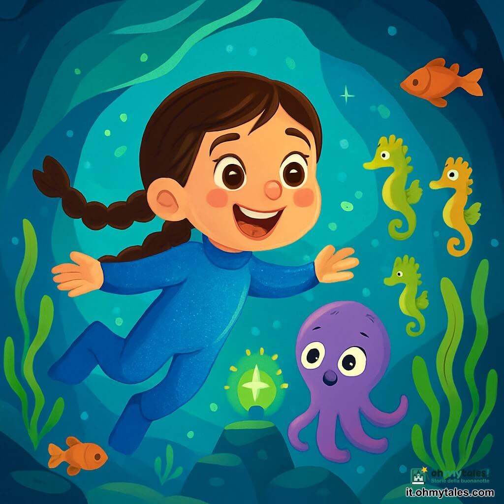 Una ragazza di 6 anni, di nome Giulia, con lunghe trecce castane e occhi pieni di curiosità, nuota felicemente sott'acqua, meravigliata dalle luci brillanti intorno a lei. Indossa una muta blu che scintilla sotto i raggi del sole, e il suo viso esprime una gioia splendente e un'eccitazione palpabile. Accanto a lei, un piccolo polpo viola, con tentacoli ondulanti, la osserva con occhi curiosi, galleggiando dolcemente nell'acqua. Più lontano, una famiglia di cavallucci marini, con tonalità dorate e verdi, si nasconde tra le alghe, guardando Giulia con espressioni amichevoli. Il decor è una grotta sottomarina magica, illuminata da un faro verde che emette luci scintillanti, creando uno spettacolo incantevole di riflessi sulle pareti rocciose. Alghe ondeggiano dolcemente e pesci colorati nuotano intorno, aggiungendo vita a questa scena sottomarina. Giulia esplora la grotta, meravigliata dalla bellezza delle luci e delle creature marine che la circondano, pronta a scoprire il mistero delle luci nel blu.