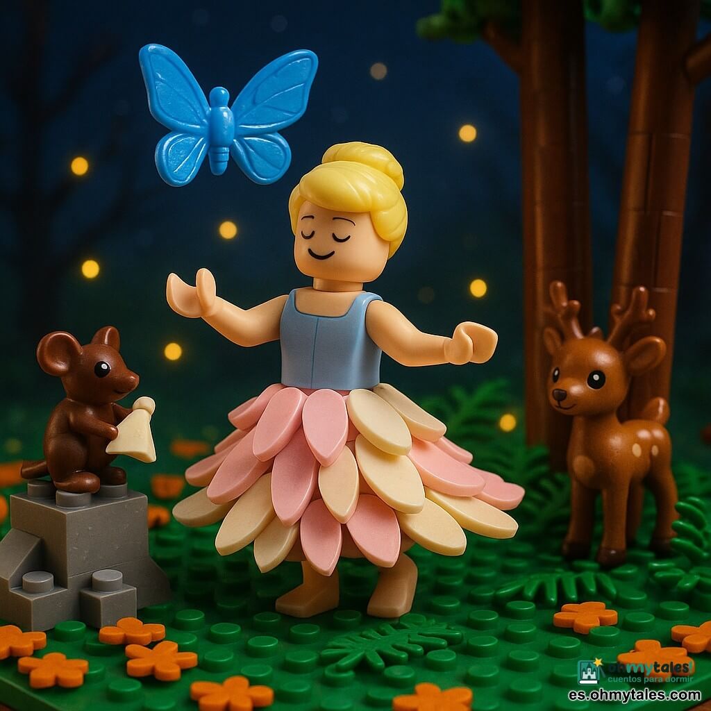 Una niña Cenicienta de rostro dulce y sonriente, serena y alegre, con cabello rubio trenzado y vestido hecho de pétalos en tonos pastel que ondea al viento; baila descalza en el centro de una claro del bosque con los brazos abiertos para acoger la luz; a la izquierda, sobre una piedra, una ratoncita pizarra marrón sostiene un pequeñísimo trozo de tela blanca y la mira con curiosidad; a la derecha, entre dos troncos, un joven ciervo macho de unos dos años la observa timidamente pero en paz; sobre su cabeza vuela una gran mariposa azul intenso de alas brillantes como vidrio pulido; el lugar es una clareira al crepúsculo con alfombra de hojas anaranjadas, troncos marrón texturizados, parches de helechos verdes, pequeñas luciérnagas amarillas y cielo estrellado; escena principal: ballet de luces y sombras donde la niña trae calma y luz y los animales recuperan confianza, atmósfera feérica y cálida, contrastes suaves entre brillos amarillos y sombras azuladas; estilo visual: colores vivos pero pastel, detalles nítidos de ladrillos LEGO, iluminación suave y cálida, composición centrada y legible para niños.