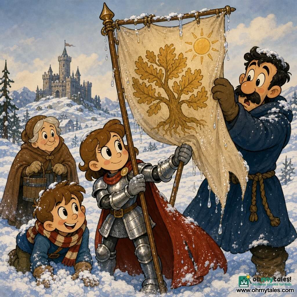 The young female knight stands center with a determined gentle face and bright eyes, wearing simple scratched polished metal armor and a red snow-dampened cloak, holding a wet banner pole and watching the beige banner unfurl; Tomas, an ~8-year-old boy, is left, small with cold-red cheeks and a striped scarf, digging snow with bare hands and smiling proudly at the knight; a tall man in a dark blue coat with a rope belt is right, helping pull the pole, his expression shifting from surprise to calm behind the banner; Old Mera, an elderly woman in a brown coat, stands slightly back holding a wooden bucket and looking kindly at the children; the vast northern field is white with black tree silhouettes, thick sugar-like snow, a gray stone castle in the distance and a pale winter sky; the heavy wet banner bears a large golden oak and a small yellow sun, slowly unfurling with dripping ice and a faint warm glow around the painted sun; overall mood of unity and shared effort, visual contrast between cold blue-whites and the small golden banner glow, cartoon style with rounded forms, saturated colors and visible snow texture.