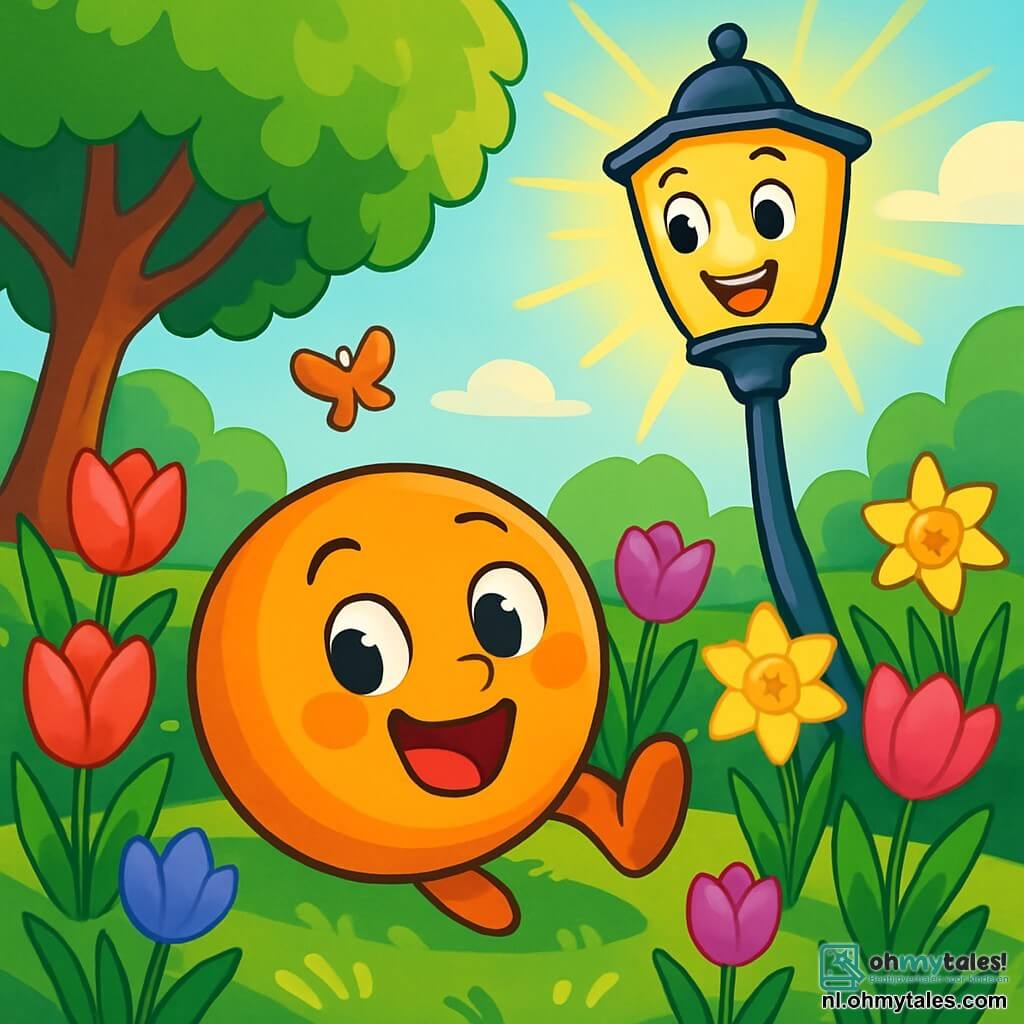 Balder, een kleine ronde en vrolijke tuinbal, ligt op het groene gras met zijn ogen die fonkelen van vreugde en opwinding. Hij rolt vrolijk tussen de kleurrijke tulpen en narcissen, zijn felle kleuren contrasterend met het heldere groen van de tuin. Lotte, een vriendelijke en heldere lantaarnpaal, zweeft net boven Balder, haar lampion straalt een zachte gouden gloed uit. Ze glimlacht enthousiast, haar ogen sprankelend van anticipatie, klaar om de tuin te verkennen. De locatie is een prachtige lentetuin, vol met schitterende bloemen in levendige kleuren, fladderende vlinders en zonnestralen die door de bladeren van de bomen filteren. Het gras is van een stralend groen, en de lucht is geurig van de bloeiende bloemen. De hoofdscène toont Balder en Lotte die de terugkeer van de lente vieren, omringd door kleurrijke bloemen, terwijl ze samen lachen en spelen, vol geluk en energie.