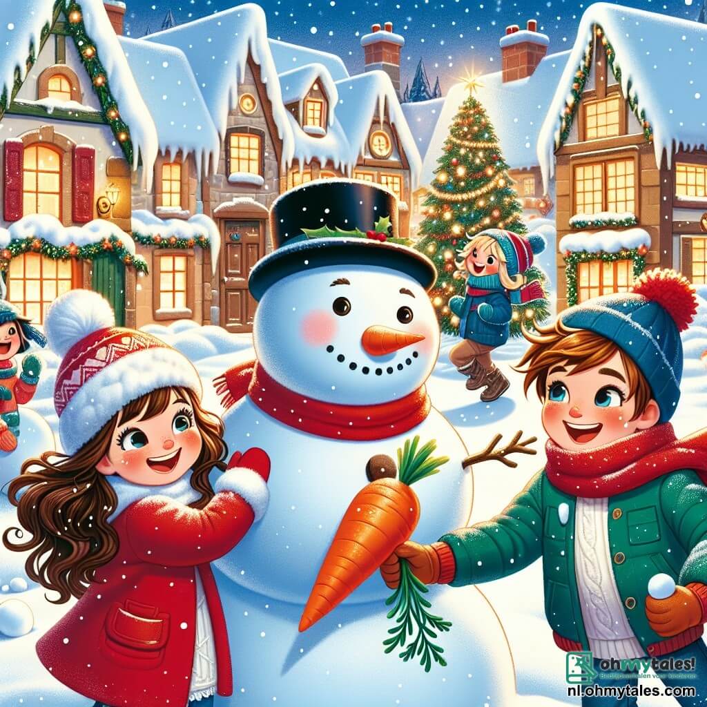Een 11-jarig meisje, Lotte, staat in het middelpunt van de scène met een grote glimlach op haar gezicht, verlicht door de magie van Kerstmis. Ze heeft lang, krullend bruin haar en draagt een felrode jas met een witte wollen sjaal. Haar ogen stralen van opwinding terwijl ze een grote wortel vasthoudt om de sneeuw te versieren. Naast haar is haar vriend Max, een 10-jarige jongen met rommelig blond haar en door de kou rozige wangen, druk bezig met het rollen van een sneeuwbal. Hij draagt een blauwe muts en een groene jas, lachend terwijl hij naar Lotte kijkt. Iets verderop is Emma, een 11-jarig meisje met steil zwart haar, die zich voorbereidt om een kerstguirlande op hun enorme sneeuwman te hangen, haar gezicht straalt van blijdschap. De achtergrond toont een charmant besneeuwd dorp met huizen met sneeuwbedekte daken, fonkelende lichten aan de ramen en een grote verlichte kerstboom in het midden van het plein. Sneeuwvlokken vallen zachtjes, wat een magische sfeer toevoegt aan de feestelijke ambiance. De hoofdscène toont Lotte en haar vrienden die samen een enorme sneeuwman bouwen, lachend en plezier makend terwijl ze hun creatie versieren met kleurrijke accessoires, wat de geest van delen en vreugde van Kerstmis symboliseert.