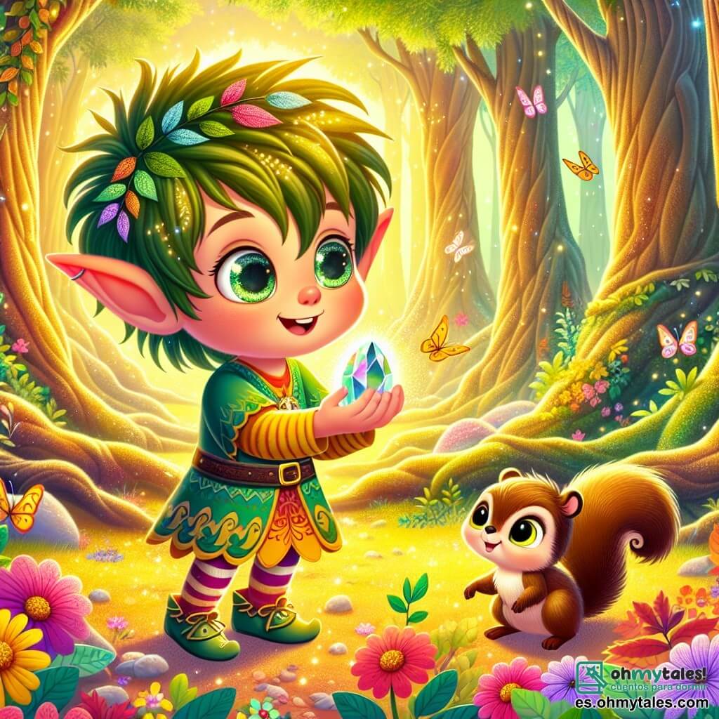 Un duende llamado Luli, con orejas puntiagudas y ojos llenos de curiosidad, se encuentra en el centro de la escena. Tiene el cabello desordenado de color verde y lleva una túnica colorida adornada con hojas y flores. Luli muestra una expresión alegre y maravillada, sosteniendo una piedra brillante en sus pequeñas manos. A su lado, una ardilla llamada Susi, con pelaje marrón y ojos vivos, trepa por una rama baja. Ella mira a Luli con una sonrisa alentadora, lista para ayudarlo en su búsqueda. El escenario es un bosque encantado, bañado en luz dorada. Árboles majestuosos con troncos gruesos se elevan a su alrededor, sus hojas brillando como esmeraldas. Flores multicolores cubren el suelo, y mariposas danzan en el aire. La situación principal muestra a Luli y Susi descubriendo la piedra mágica, mientras están al borde de un camino sinuoso, rodeados de la belleza mística del bosque. Luli, asombrado, se prepara para tocar la piedra, mientras Susi lo anima con entusiasmo.