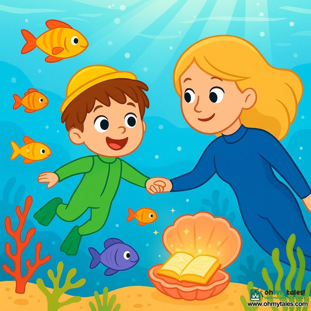 A 4-year-old boy, Max, with messy brown hair, is wearing a green wetsuit and a small yellow hat. He has wide eyes of joy and a big smile, floating in clear water, surrounded by colorful fish. Next to him is his mom, a woman in her thirties with long blonde hair, wearing a blue wetsuit. She swims gently, holding Max's hand tenderly while admiring the underwater wonders. The background is a bright ocean filled with vibrant corals, multicolored fish, and gentle swaying seaweed. Sun rays penetrate the water's surface, creating sparkling reflections. The main scene shows Max and his mom discovering a shimmering magic book in a shell, surrounded by singing fish swimming joyfully around them.