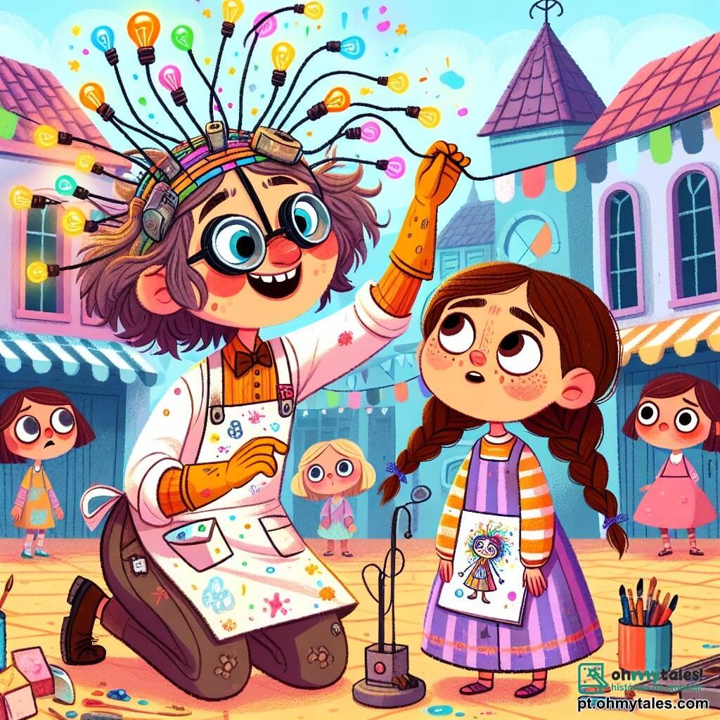Teca, uma mulher com cabelo desgrenhado e cheio de pequenas ferramentas, exibe um grande sorriso maravilhado. Ela usa uma blusa de bricolagem manchada de tinta e tem óculos de proteção na testa. Ela manipula um chapéu excêntrico na cabeça, cercada por fios coloridos que brilham. Ao lado dela, Mila, uma menina de cerca de 10 anos com cabelos castanhos trançados e óculos redondos, observa o chapéu com olhos brilhantes de empolgação. Ela segura um caderno de esboços, pronta para desenhar as ideias que surgem em sua mente. A cena acontece em uma pequena praça central de Cascalópolis, cercada por edifícios coloridos e jardins floridos, onde crianças e animais curiosos se reúnem ao redor delas, fascinados pela invenção. Teca e Mila estão testando o Chapéu Tradutor de Pensamentos de Animais, que emite luzes brilhantes e sons divertidos, enquanto os animais ao redor parecem reagir com curiosidade e alegria.