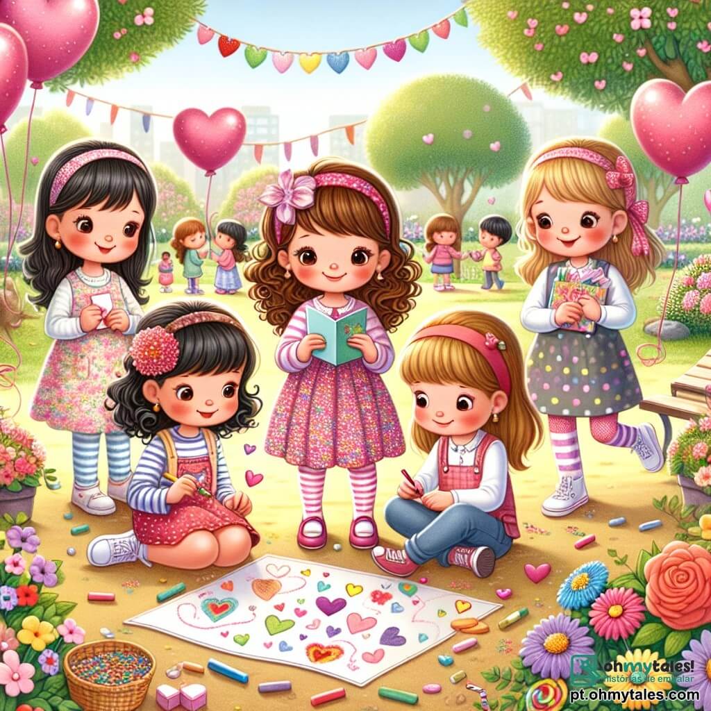 Em um parque ensolarado, cinco meninas de dez anos estão juntas, cercadas por flores coloridas e balões em forma de coração. Lola, com cabelos cacheados e castanhos, usa um vestido rosa com estampas de flores e segura um cartão de Dia dos Namorados, sorrindo entusiasmada. Sofia, com cabelos lisos e loiros, veste uma camiseta azul e uma saia de bolinhas, desenhando corações no chão com giz colorido. Mia, com cabelos castanhos presos em um rabo de cavalo, usa um moletom roxo e está sentada na grama, cercada de doces, olhando para as amigas com um olhar cúmplice. Alice, com cabelos lisos e negros, veste uma blusa branca e uma calça rosa, segurando um caderno e uma caneta, pronta para anotar a aventura. Luiza, com cabelos cacheados e ruivos, usa um vestido listrado colorido e ri, com os braços levantados, como se tivesse contado uma piada. O parque é verde, com árvores floridas e crianças brincando ao fundo, guirlandas de corações decorando os galhos e um grande painel "Feliz Dia dos Namorados" pendurado em uma árvore. As meninas se reúnem para celebrar a amizade, discutindo alegremente o misterioso cartão de Dia dos Namorados que Lola encontrou, em um ambiente festivo e colorido.