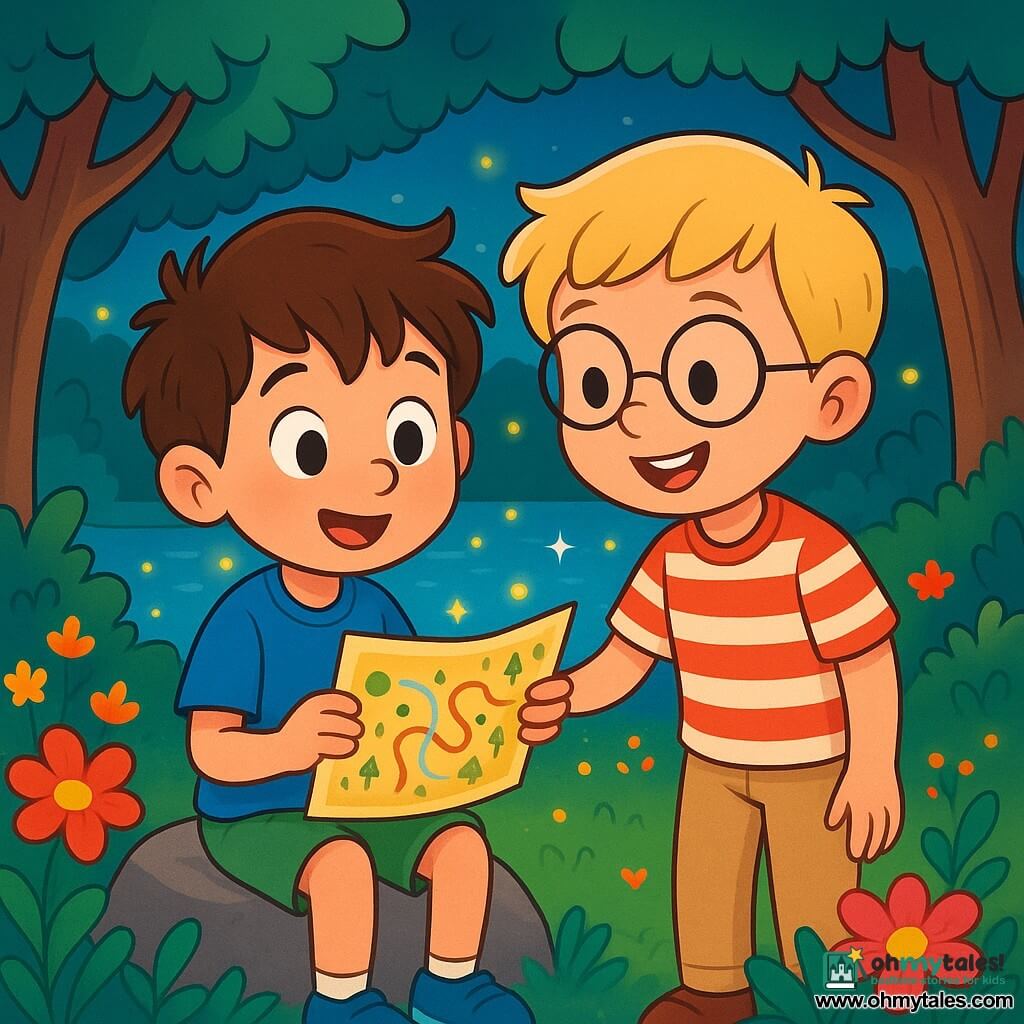 There are two main characters: Eli, a nearly 5-year-old boy with messy brown hair and large curious eyes, wearing a blue t-shirt and green shorts, sitting on a rock holding a small colorful map; and Sam, also nearly 5, with blonde hair and round glasses, wearing a red striped shirt and beige pants, standing next to Eli, looking at the map with an enthusiastic smile. The main setting is an enchanted clearing by a sparkling lake surrounded by brightly colored flowers and small lights floating on the water like stars. Majestic trees with thick trunks and green leaves create a lush backdrop around the boys, forming a magical and peaceful atmosphere. The main situation shows Eli and Sam discovering the Lake of Little Lights, amazed by the lights dancing on the water, with Eli holding the map that guided them there, their faces illuminated by the magic of the moment, filled with wonder and joy.
