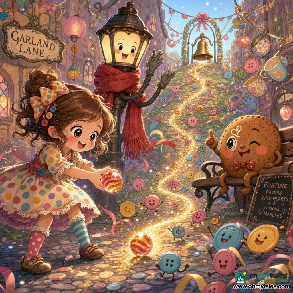 Maya, 10, delighted with sparkling eyes and a wide smile, in a colorful polka-dot dress and mismatched socks, delicately releases Marble, a small orange-and-pink striped glass sphere that glows and leaves a trail of golden glitter, as the benevolent lamp-post mayor—an antique lamppost with a red scarf—stands behind her raising a metal arm as if applauding and a round brown button-cookie with a painted face on a bench to the right winks and announces fortune; they are in Garland Lane, a narrow cobbled alley hung with braided garlands, glowing buttons, hanging mini cups, stained-glass windows, paper lanterns and floating ribbons in saturated pastels and soft naive textures, and the marble rolls in a dynamic friendly race toward a bell at the bottom of a garlanded hill, full of movement and sparks.
