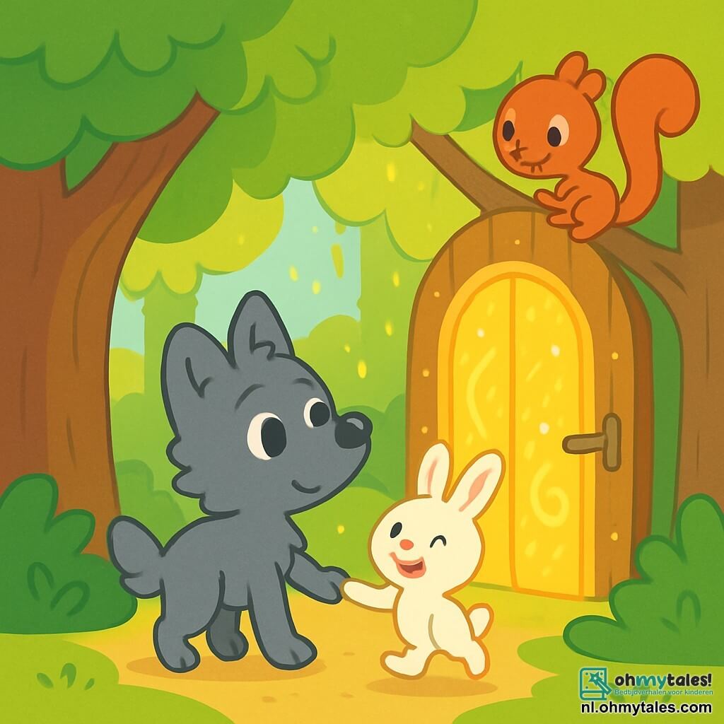 Een kleine wolf genaamd Woezel, met een zachte grijze vacht en grote nieuwsgierige ogen, staat voor een prachtige glinsterende houten deur die een gouden gloed uitstraalt. Hij heeft een verwonderde uitdrukking, met zijn oren rechtop, klaar om een nieuwe wereld binnen te gaan. Naast hem springt een schattig konijntje genaamd Flap, met een witte vacht en lange oren, van blijdschap, zijn gezicht straalt van opwinding. Een dappere eekhoorn genaamd Stippel, met een woeste staart en ondeugende ogen, klimt op een nabijgelegen tak en kijkt met een ondeugende glimlach naar de deur. 

De omgeving is een prachtig groen bos, vol majestueuze bomen met schitterende bladeren, en het zonlicht filtert door de takken, waardoor een spel van schaduwen en licht op de grond ontstaat. De glinsterende deur, versierd met mysterieuze patronen, lijkt een doorgang naar een verre tijd. 

De hoofdscène toont Woezel, Flap en Stippel, hand in hand, klaar om de magische deur te passeren, vol anticipatie en avontuur, klaar om een wereld van verhalen en mysteries te ontdekken.