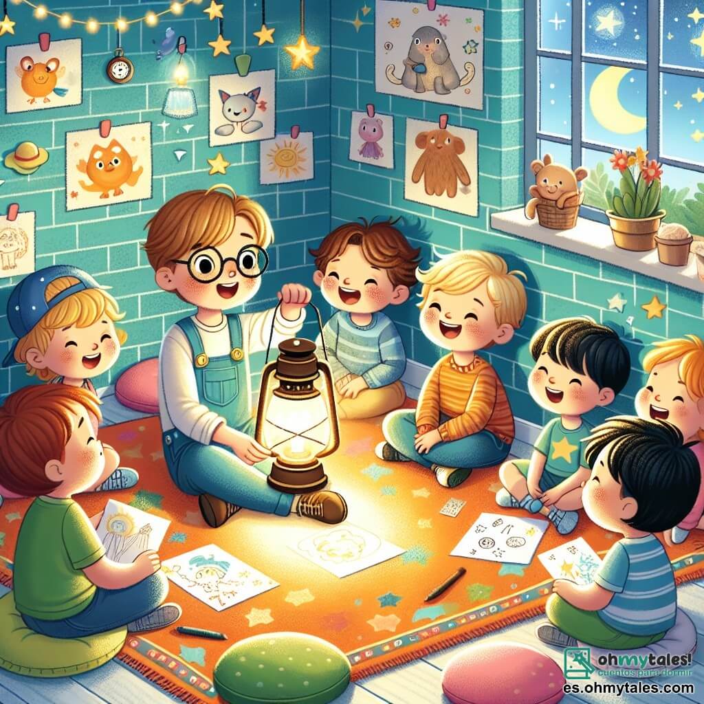 En un aula acogedora, dos niños, Lucas y Tomás, están sentados sobre una alfombra colorida. Lucas, de 8 años con cabello castaño y gafas, observa con curiosidad la luz de la linterna que sostiene la maestra. Tomás, también de 8 años, tiene cabello rubio y una sonrisa radiante, y dibuja estrellas en una hoja de papel. El aula está decorada con dibujos de animales y planetas, con paredes pintadas de azul claro. Cojines suaves están dispuestos a su alrededor, creando un ambiente acogedor. La luz de la linterna proyecta sombras danzantes en las paredes, añadiendo un toque de misterio. La escena principal muestra a Lucas y Tomás, rodeados de sus compañeros, escuchando atentamente a la maestra que cuenta historias sobre la noche. Los niños, fascinados, miran la luz de la linterna, sus rostros iluminados por el brillo cálido, mientras la oscuridad los rodea suavemente, disipando sus miedos.