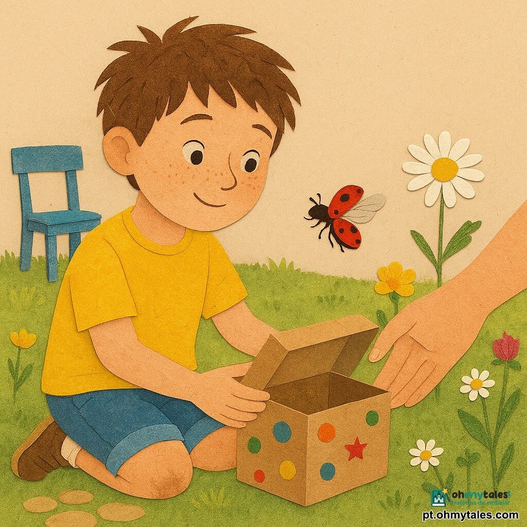 Um menino de 10 anos, rosto redondo com sardas, cabelo castanho despenteado e expressão doce e maravilhada, ajoelhado abrindo delicadamente uma pequena caixa de papelão decorada com autocolantes; veste uma t‑shirt amarelo vivo e calção de ganga, joelhos sujos, mãos na borda da caixa, olhando para dentro enquanto solta uma pequena joaninha vermelha de pintas pretas, com asas ligeiramente abertas pronta a voar para uma flor próxima; ao fundo, a mão de uma mãe de pele clara com unhas curtas segura suavemente a caixa para estabilizá‑la; jardim ensolarado com relva verde, flores silvestres coloridas, uma cadeira de madeira azul desbotada e um caminho de pedras redondas; cena em primeiro plano que capta o momento do voo da joaninha, sorriso do menino, sensação de ternura e admiração, contrastes nítidos e cores saturadas.