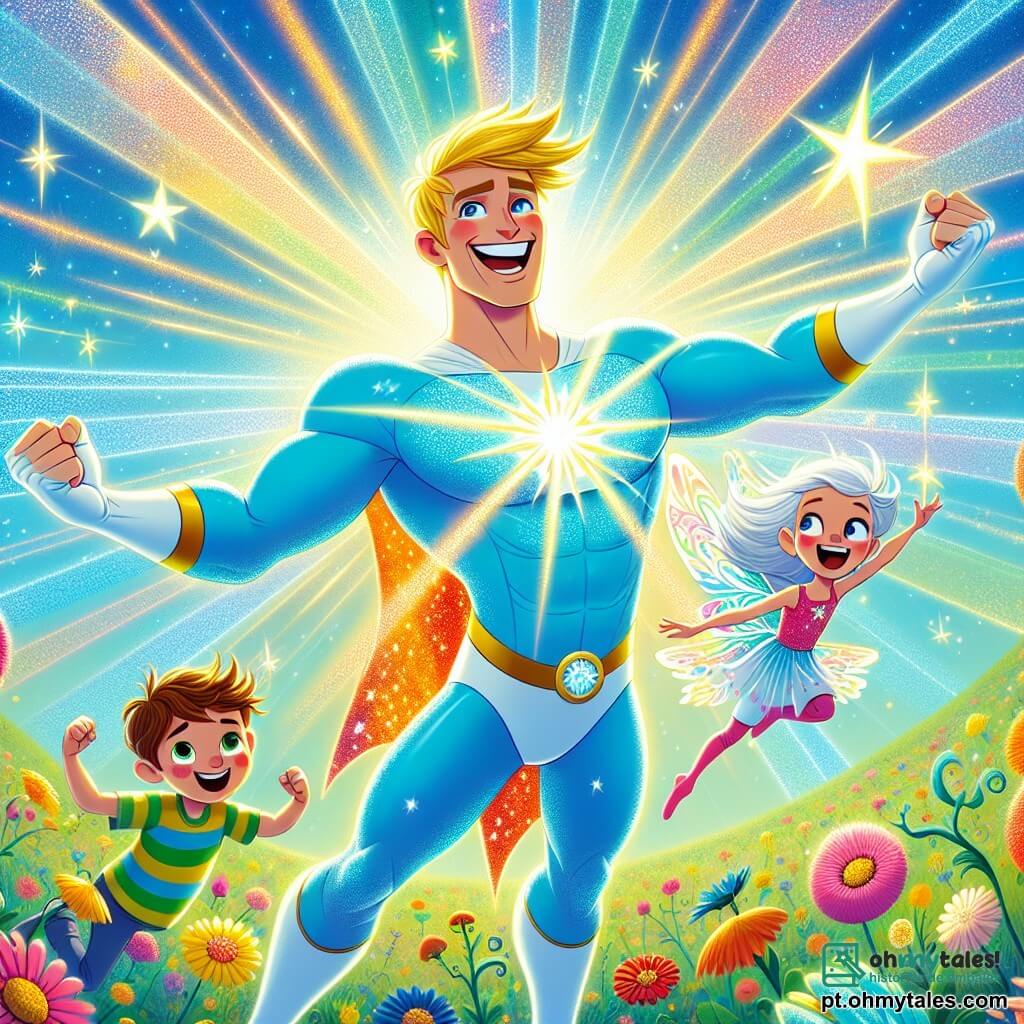 Um super-herói chamado Luminar está no centro da imagem, com um grande sorriso radiante e olhos brilhantes de alegria. Ele é alto e musculoso, com cabelos dourados brilhantes e uma capa estrelada que brilha à luz. Luminar levanta os braços para o céu, cercado por uma aura luminosa. À sua direita, a Fada da Luz, uma menina de cerca de 8 anos, voa com asas cintilantes. Ela tem cabelos longos e prateados e veste um vestido feito de pétalas de flores coloridas, sorrindo alegremente enquanto lança faíscas de luz ao seu redor. À sua esquerda, o Coelho Travesso, um garoto de 7 anos, salta com entusiasmo. Ele tem cabelos castanhos bagunçados e usa uma camiseta listrada, fazendo um grande salto com um sorriso travesso no rosto. O cenário é um campo mágico em Luminópolis, repleto de flores multicoloridas que dançam ao vento e árvores com folhas brilhantes. O céu é de um azul vibrante, salpicado de nuvens brancas e com o sol brilhando intensamente. A cena principal mostra Luminar e seus amigos unidos, prontos para defender sua cidade contra o vilão Sombrio, que se esconde na sombra. A energia luminosa emana de Luminar, iluminando tudo ao redor e criando uma atmosfera de coragem e amizade.