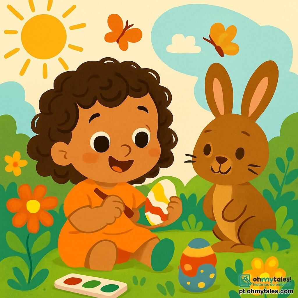 Uma menina de 2 anos, Lila, com cabelos cacheados e olhos brilhantes de alegria, está sentada em um jardim ensolarado, cercada por flores coloridas. Ela sorri com admiração, segurando um pincel em uma mão e um ovo de Páscoa branco na outra, pintando-o com cores vivas. Ao lado dela, um coelhinho de Páscoa, adorável e de grandes orelhas, observa Lila com um sorriso amigável, pronto para ajudá-la a encontrar ovos escondidos. O jardim está cheio de flores vibrantes, borboletas e raios de sol, criando uma atmosfera alegre e festiva. Nesta cena, Lila e o coelho se preparam para uma caça aos ovos de Páscoa, cheia de surpresas e risadas, enquanto ovos coloridos estão escondidos entre os arbustos e flores.